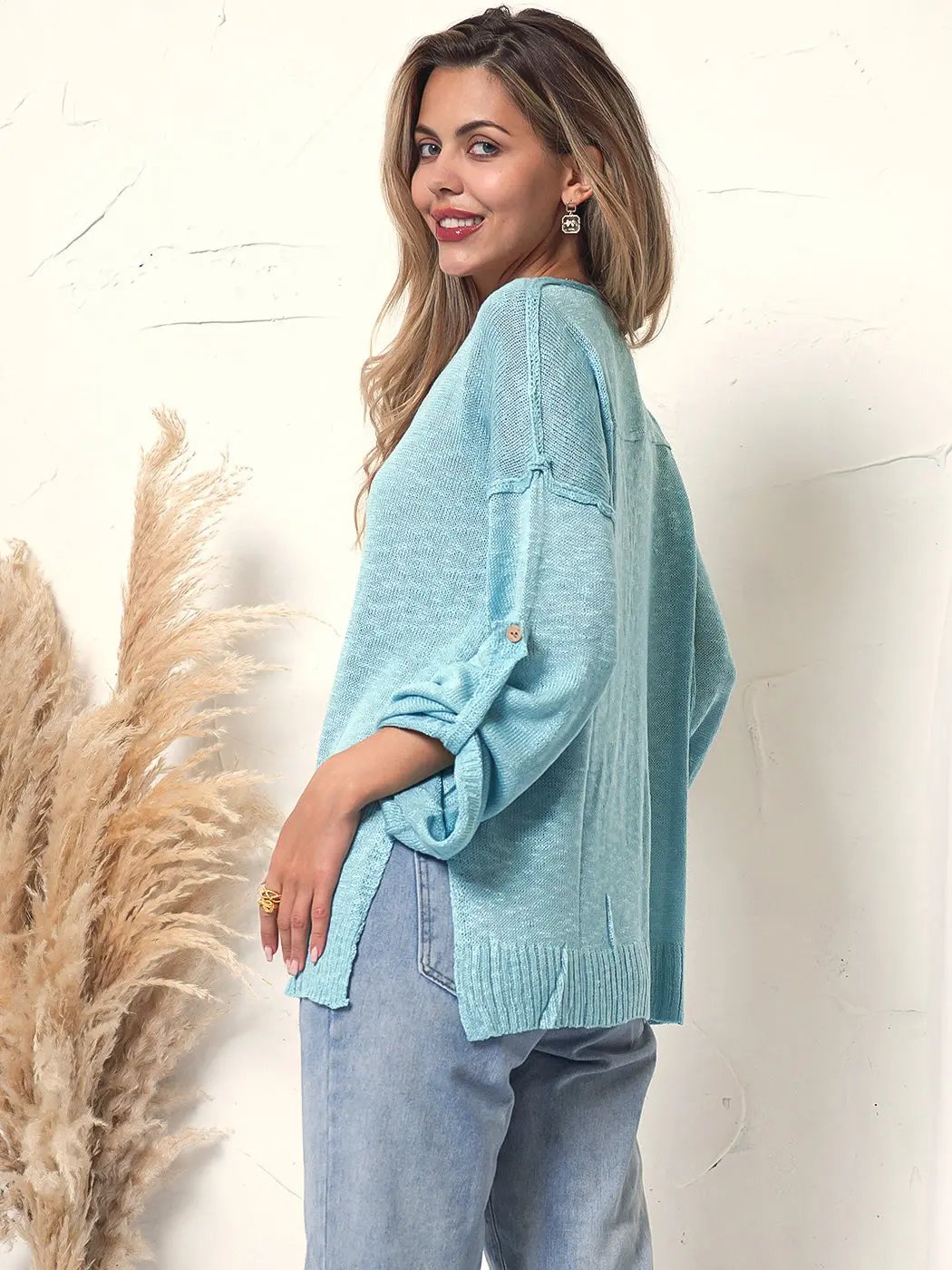 Henley Knit Cuffed Long Sleeve Anna-Kaci Wholesale