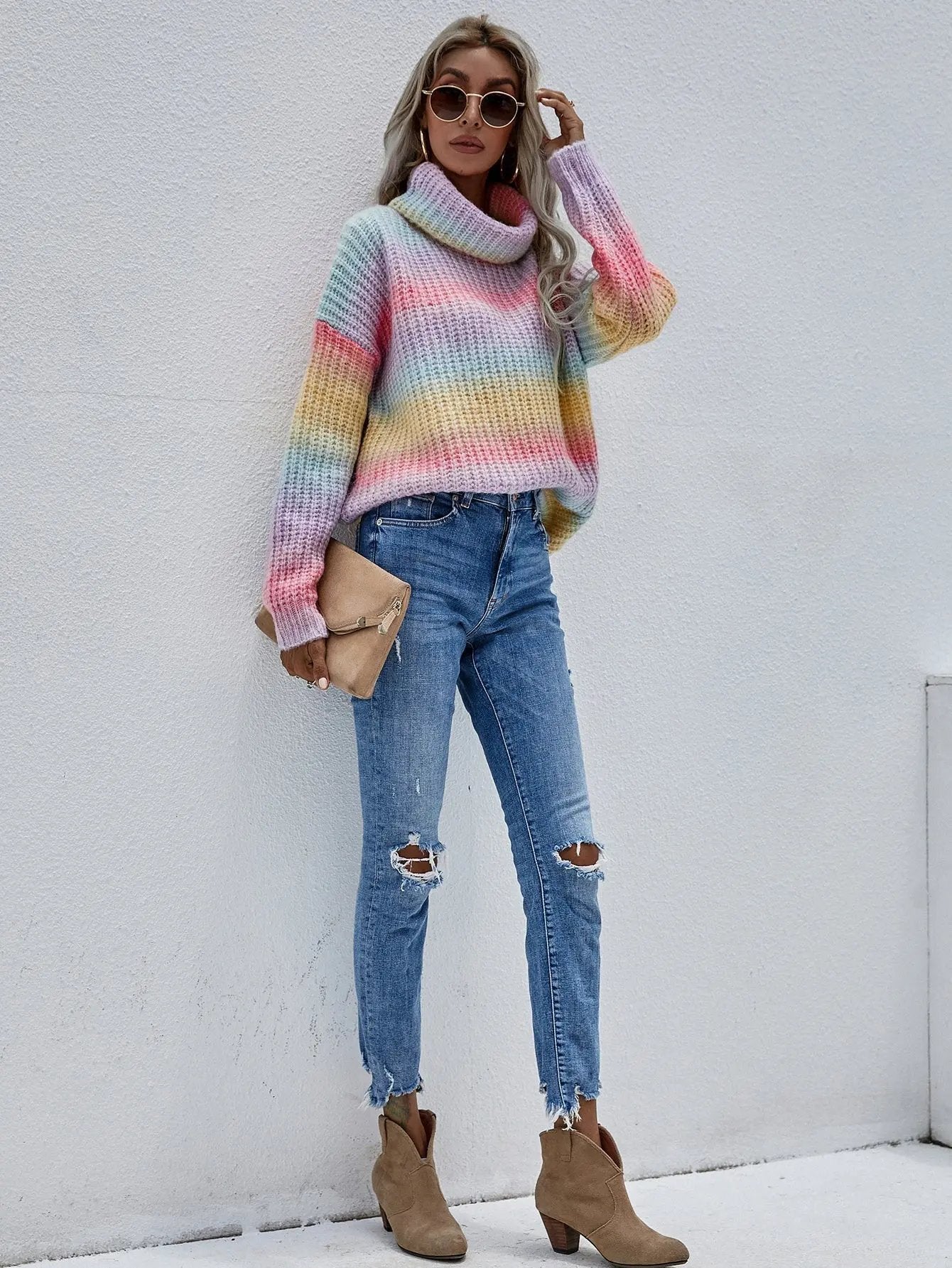 Tie Dye Cowl Neck Knit Sweater Anna-Kaci Wholesale