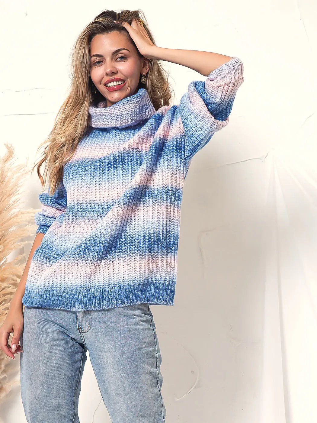 Tie Dye Cowl Neck Knit Sweater Anna-Kaci Wholesale
