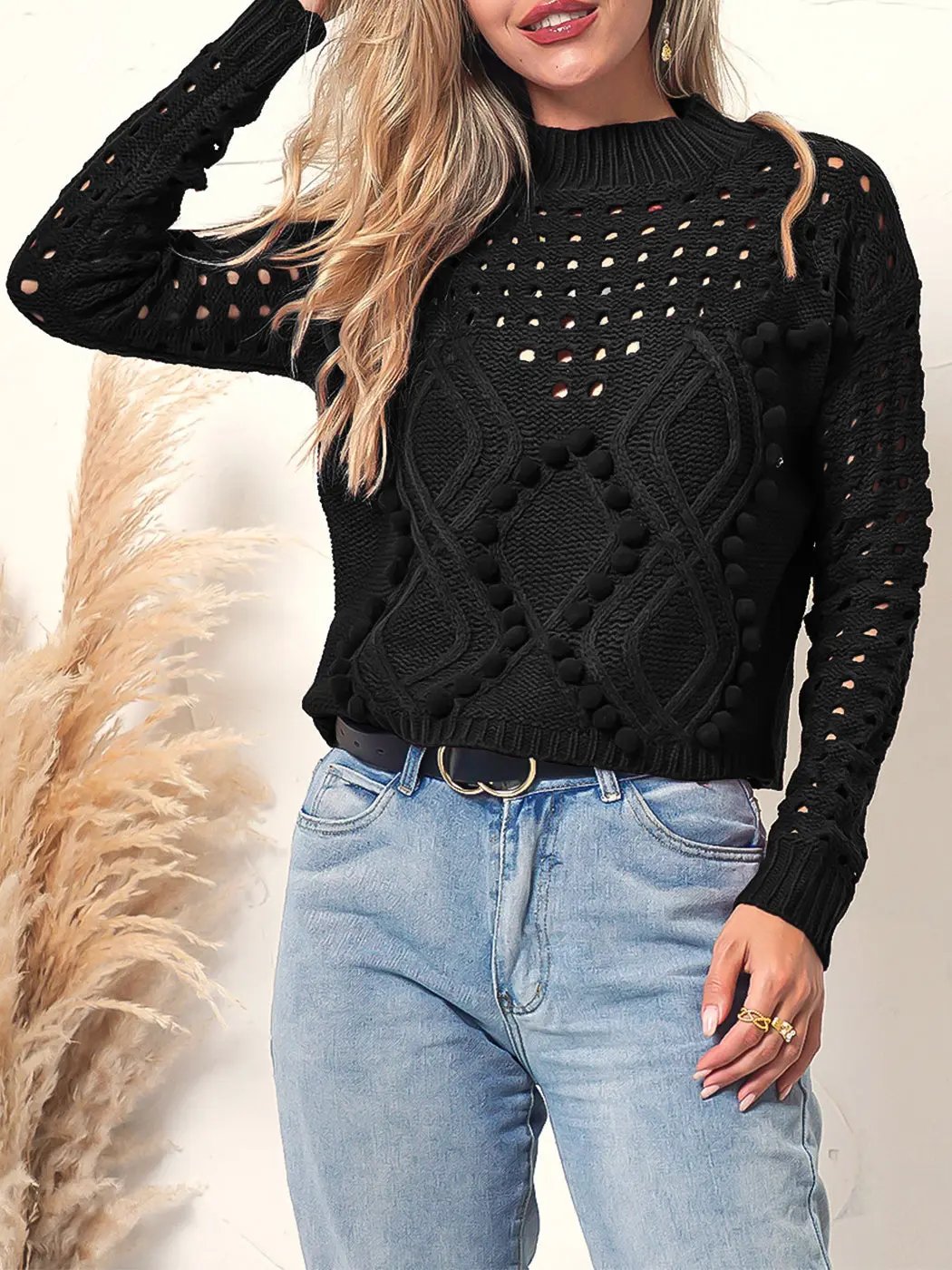 Pom Pom Open Knit Long Sleeve Anna-Kaci Wholesale