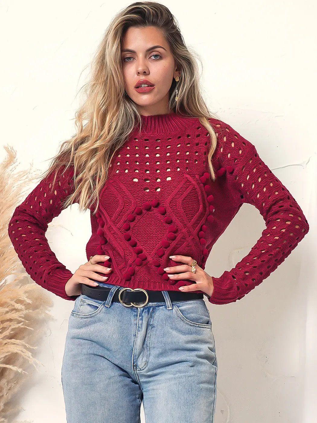 Pom Pom Open Knit Long Sleeve Anna-Kaci Wholesale