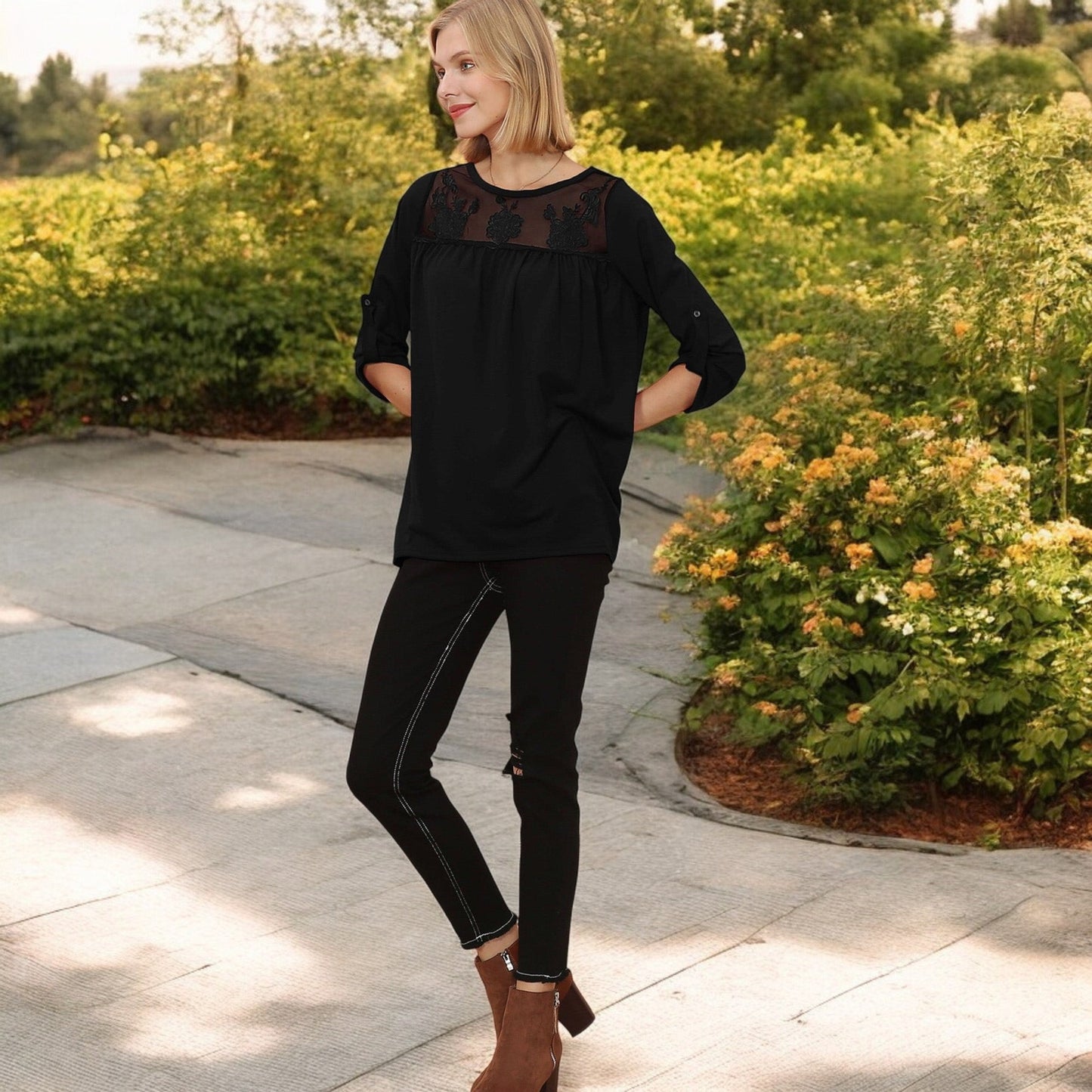 3/4 Sleeve Loose Fit Top with Sheer Floral Lace Yoke and Button Tab Sleeves Anna-Kaci Wholesale