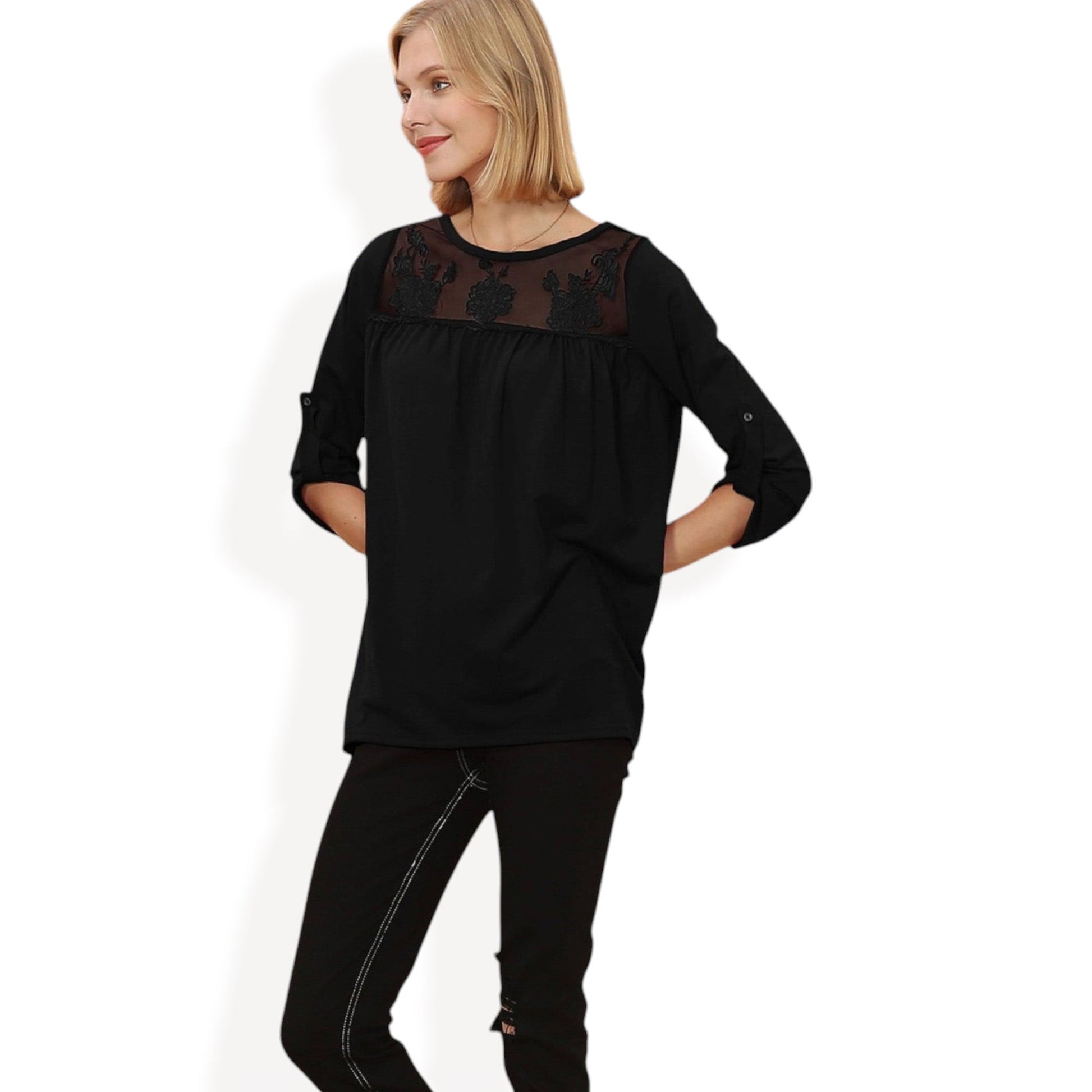 3/4 Sleeve Loose Fit Top with Sheer Floral Lace Yoke and Button Tab Sleeves Anna-Kaci Wholesale