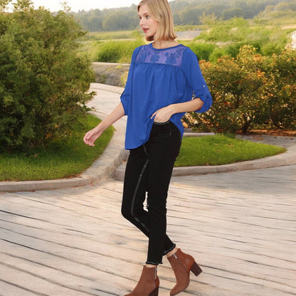 3/4 Sleeve Loose Fit Top with Sheer Floral Lace Yoke and Button Tab Sleeves Anna-Kaci Wholesale
