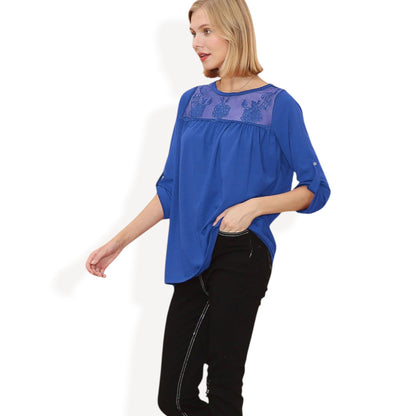 3/4 Sleeve Loose Fit Top with Sheer Floral Lace Yoke and Button Tab Sleeves Anna-Kaci Wholesale