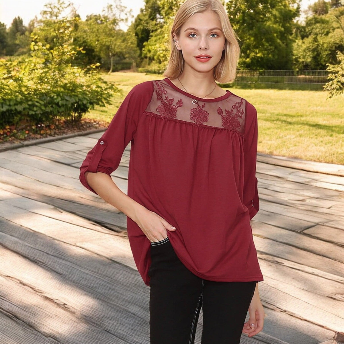 3/4 Sleeve Loose Fit Top with Sheer Floral Lace Yoke and Button Tab Sleeves Anna-Kaci Wholesale
