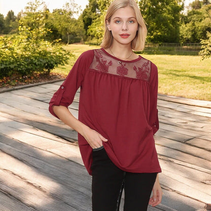 3/4 Sleeve Loose Fit Top with Sheer Floral Lace Yoke and Button Tab Sleeves Anna-Kaci Wholesale
