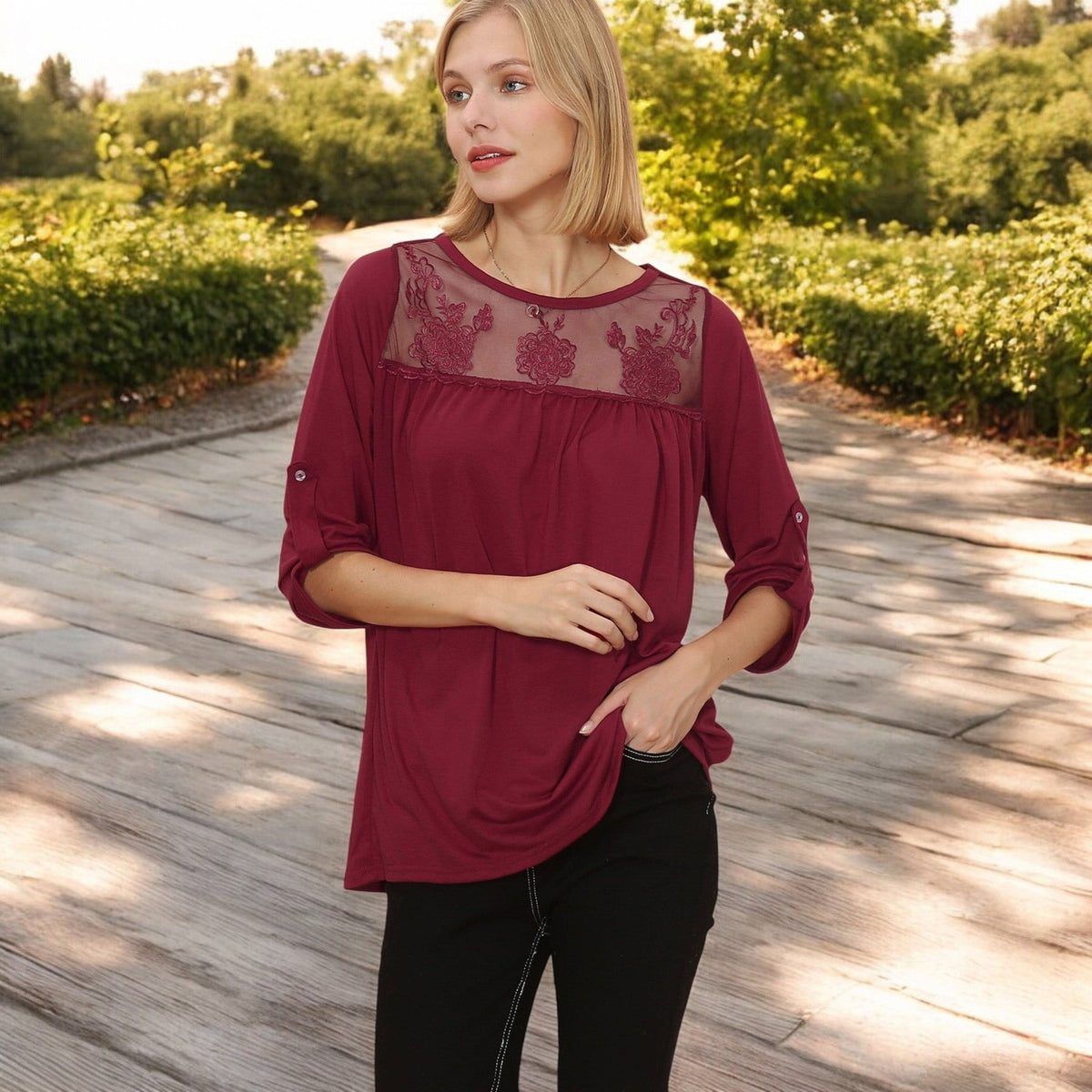 3/4 Sleeve Loose Fit Top with Sheer Floral Lace Yoke and Button Tab Sleeves Anna-Kaci Wholesale