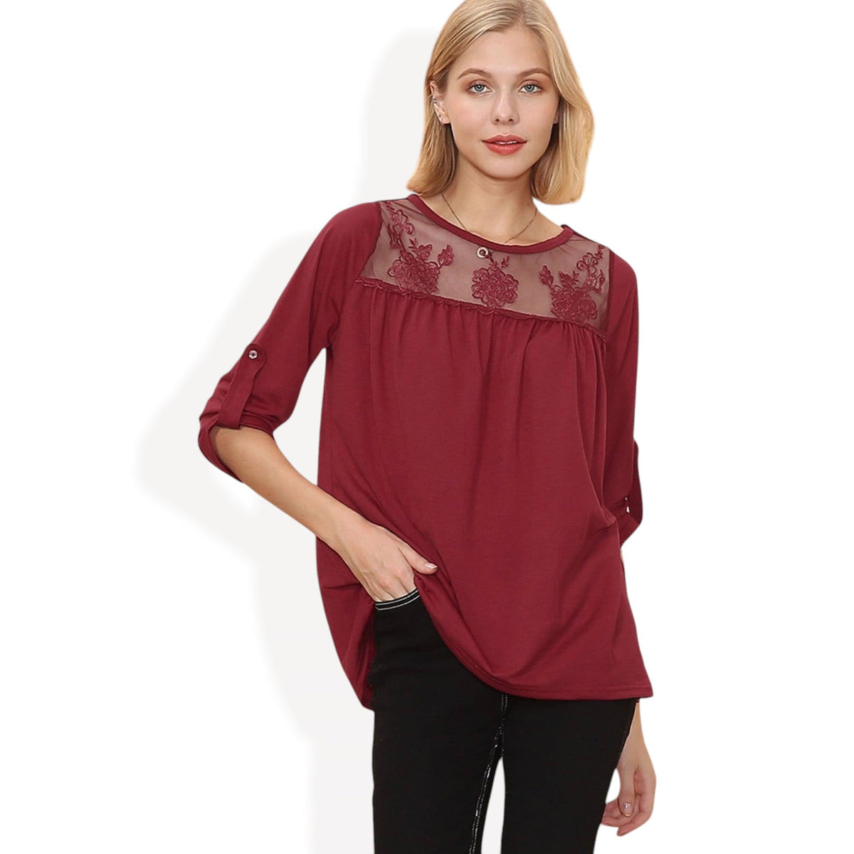 3/4 Sleeve Loose Fit Top with Sheer Floral Lace Yoke and Button Tab Sleeves Anna-Kaci Wholesale
