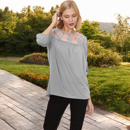 3/4 Sleeve Loose Fit Top with Sheer Floral Lace Yoke and Button Tab Sleeves Anna-Kaci Wholesale