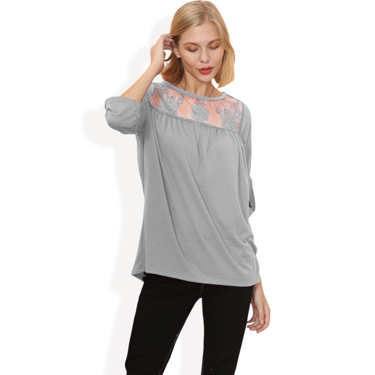 3/4 Sleeve Loose Fit Top with Sheer Floral Lace Yoke and Button Tab Sleeves Anna-Kaci Wholesale