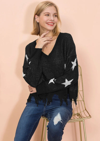 Star Pattern Frayed Hem Sweater Anna-Kaci Wholesale