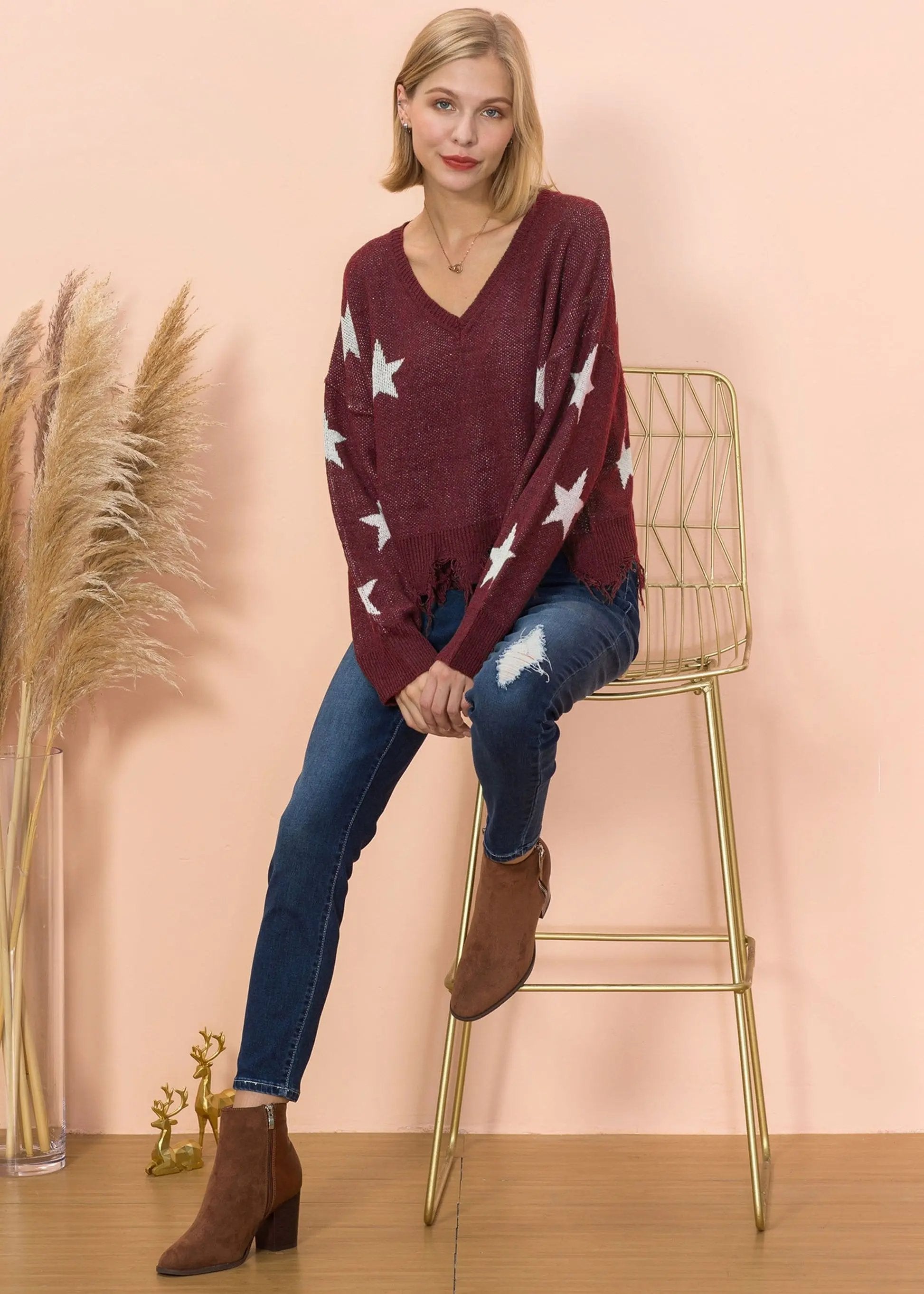 Star Pattern Frayed Hem Sweater Anna-Kaci Wholesale