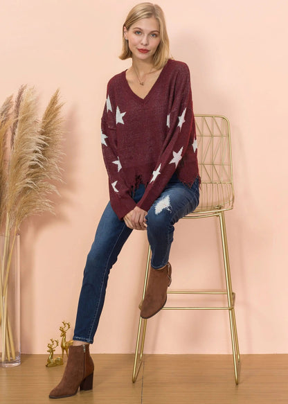 Star Pattern Frayed Hem Sweater Anna-Kaci Wholesale