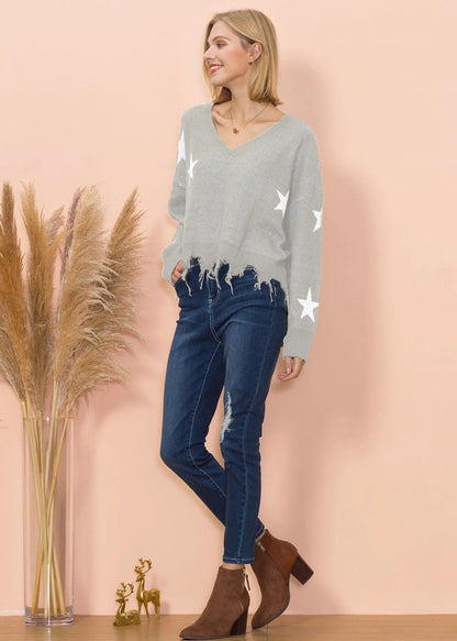 Star Pattern Frayed Hem Sweater Anna-Kaci Wholesale