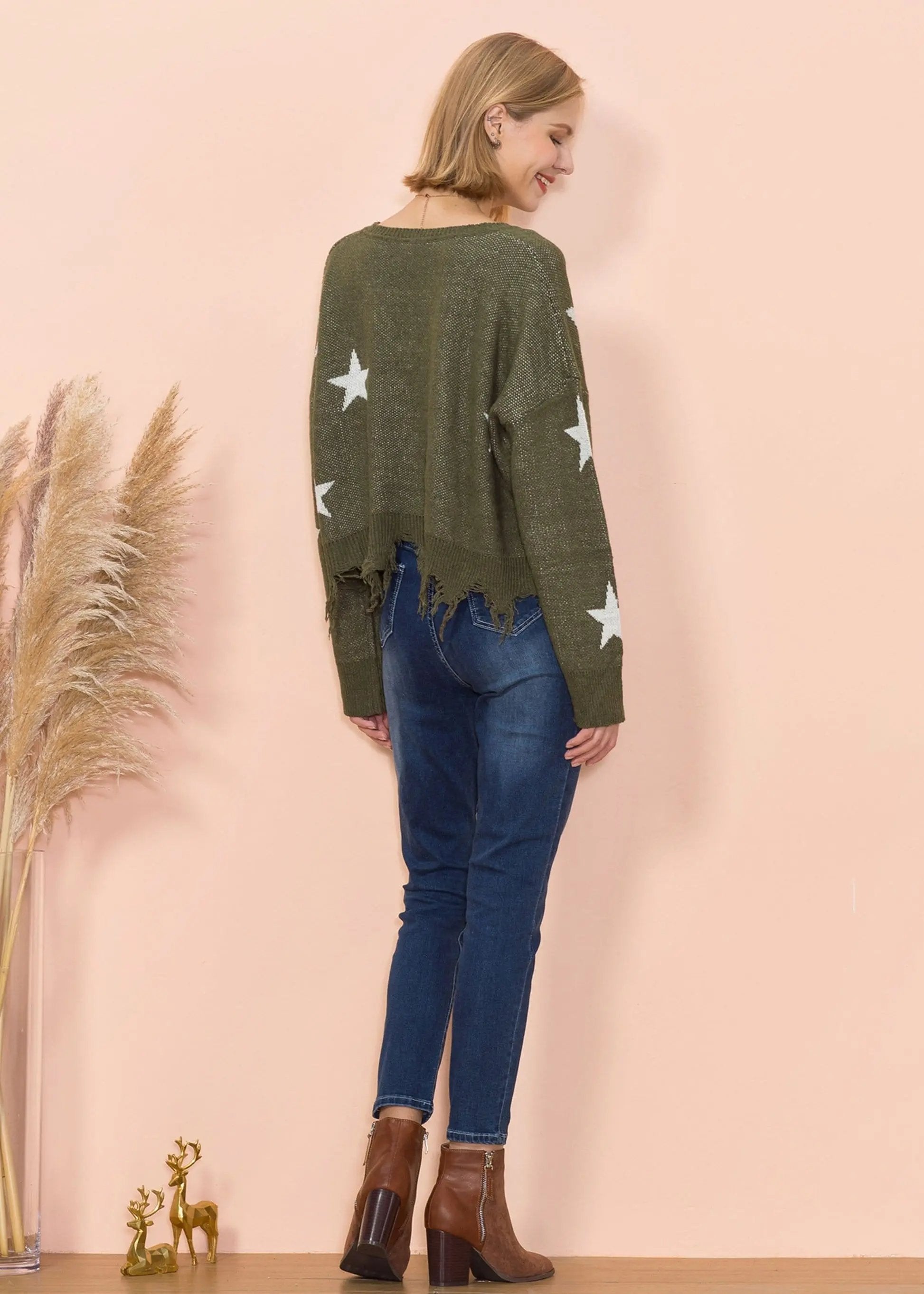 Star Pattern Frayed Hem Sweater Anna-Kaci Wholesale