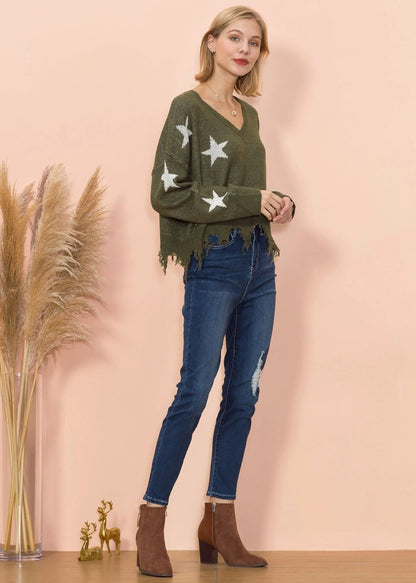 Star Pattern Frayed Hem Sweater Anna-Kaci Wholesale