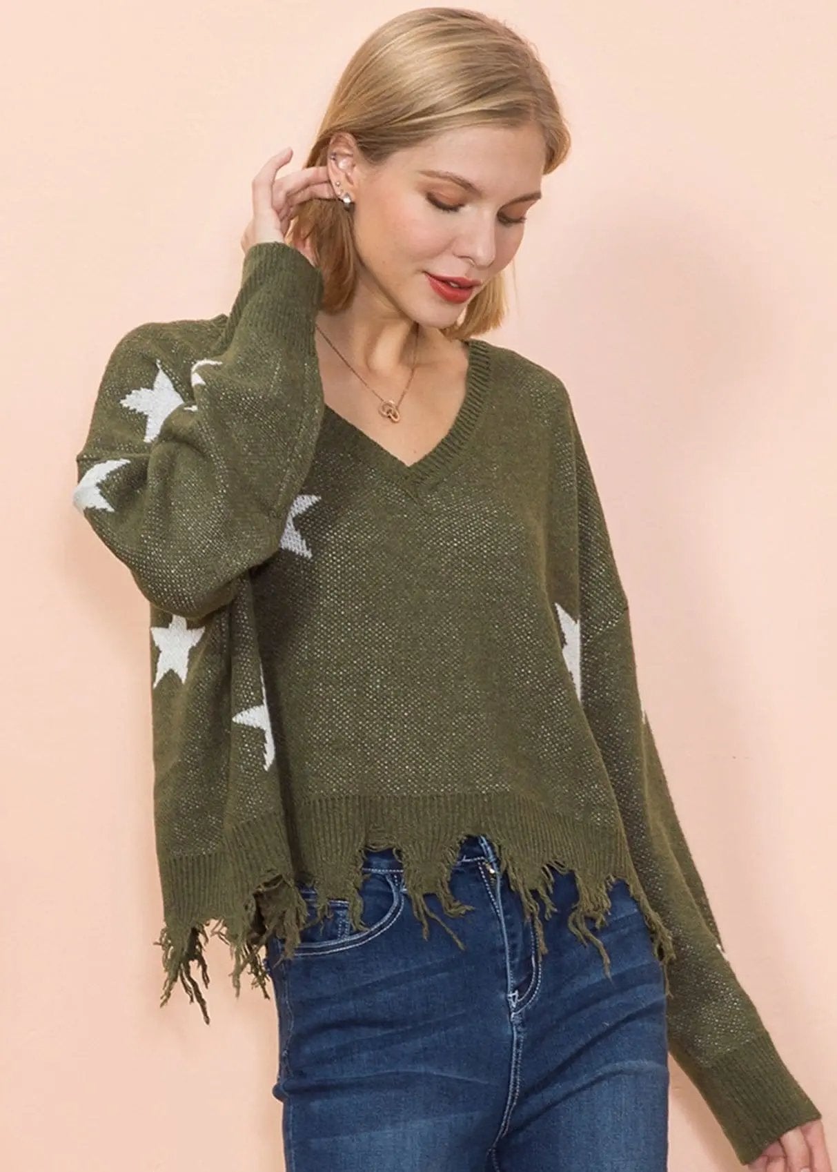 Star Pattern Frayed Hem Sweater Anna-Kaci Wholesale