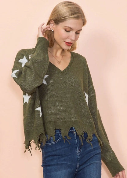 Star Pattern Frayed Hem Sweater Anna-Kaci Wholesale