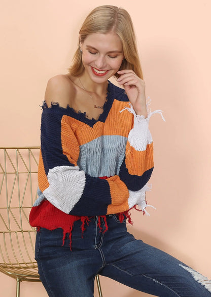 Frayed Hem Color Block Sweater Anna-Kaci Wholesale