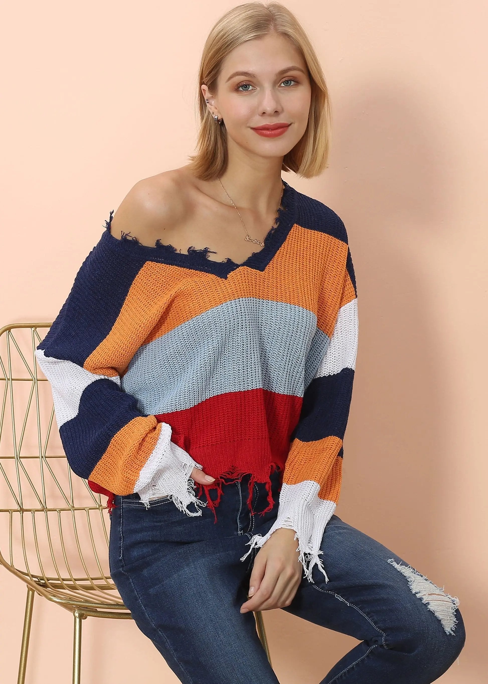 Frayed Hem Color Block Sweater Anna-Kaci Wholesale