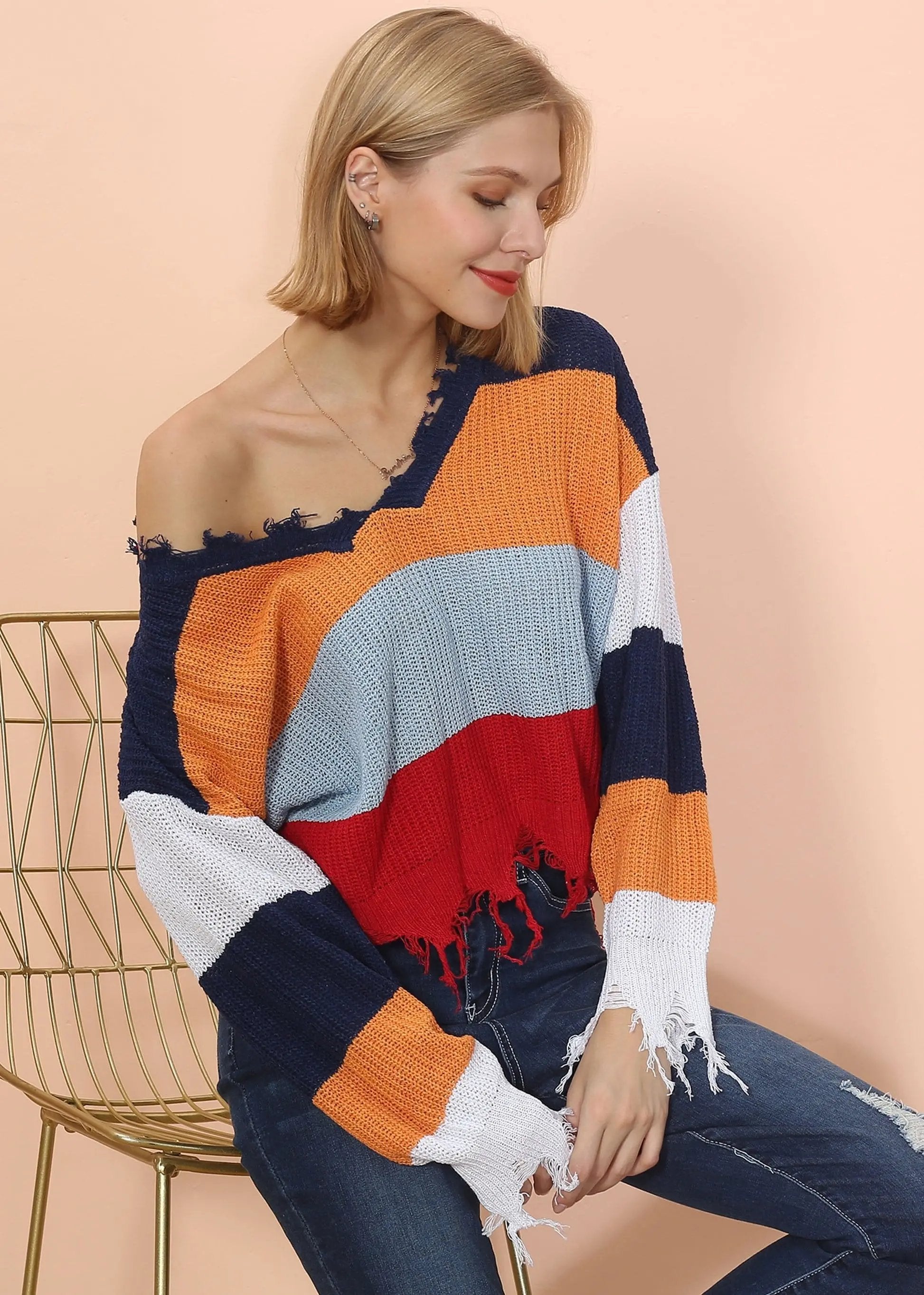 Frayed Hem Color Block Sweater Anna-Kaci Wholesale