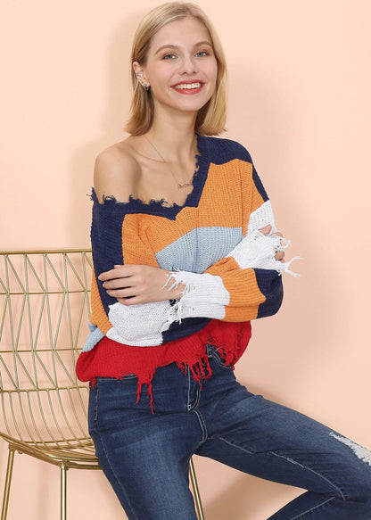 Frayed Hem Color Block Sweater Anna-Kaci Wholesale