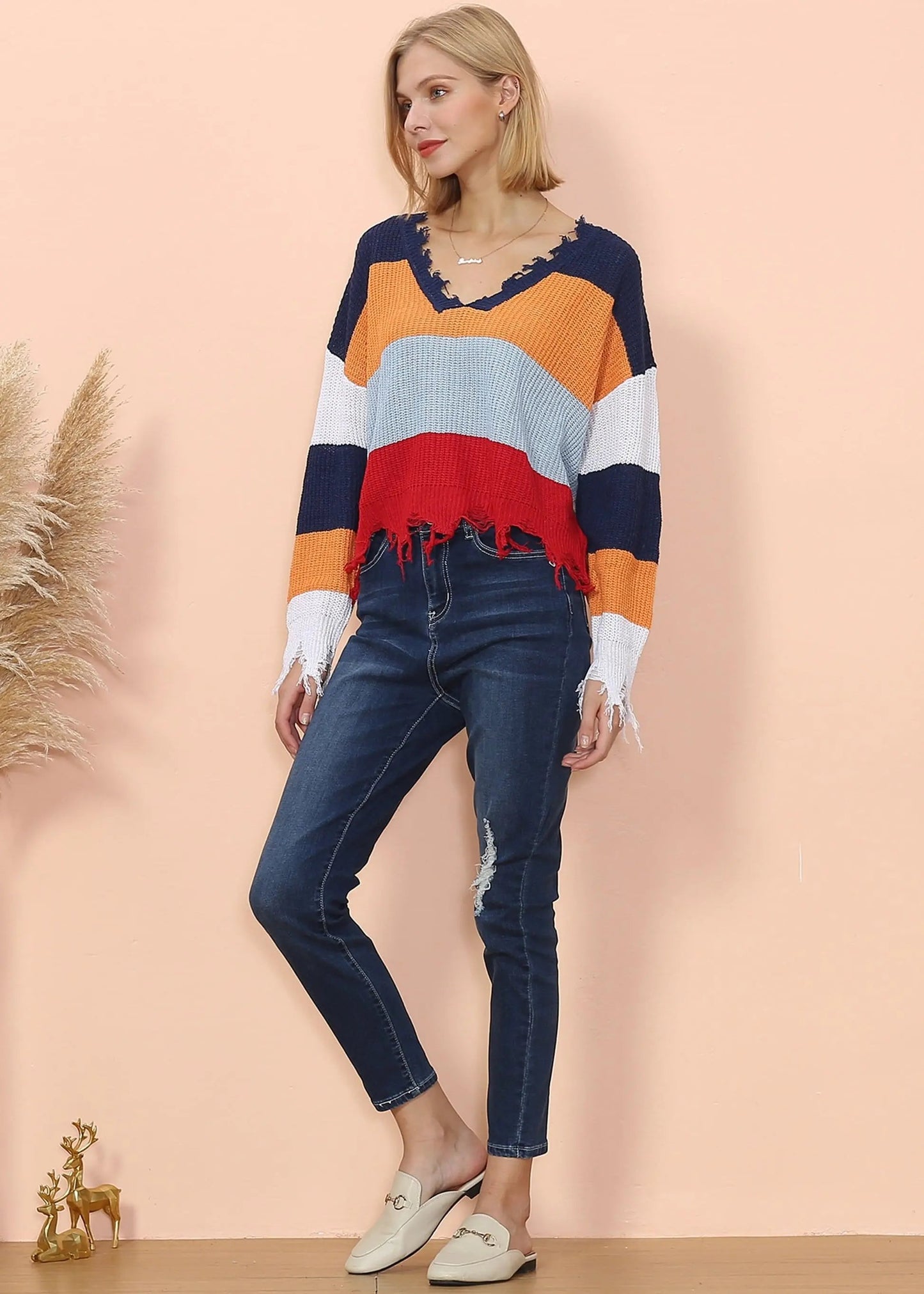 Frayed Hem Color Block Sweater Anna-Kaci Wholesale