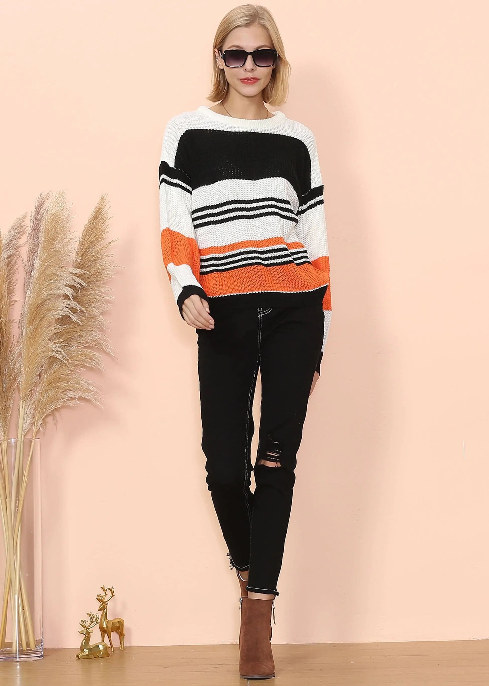 Drop Shoulder Striped Knit Sweater Anna-Kaci Wholesale