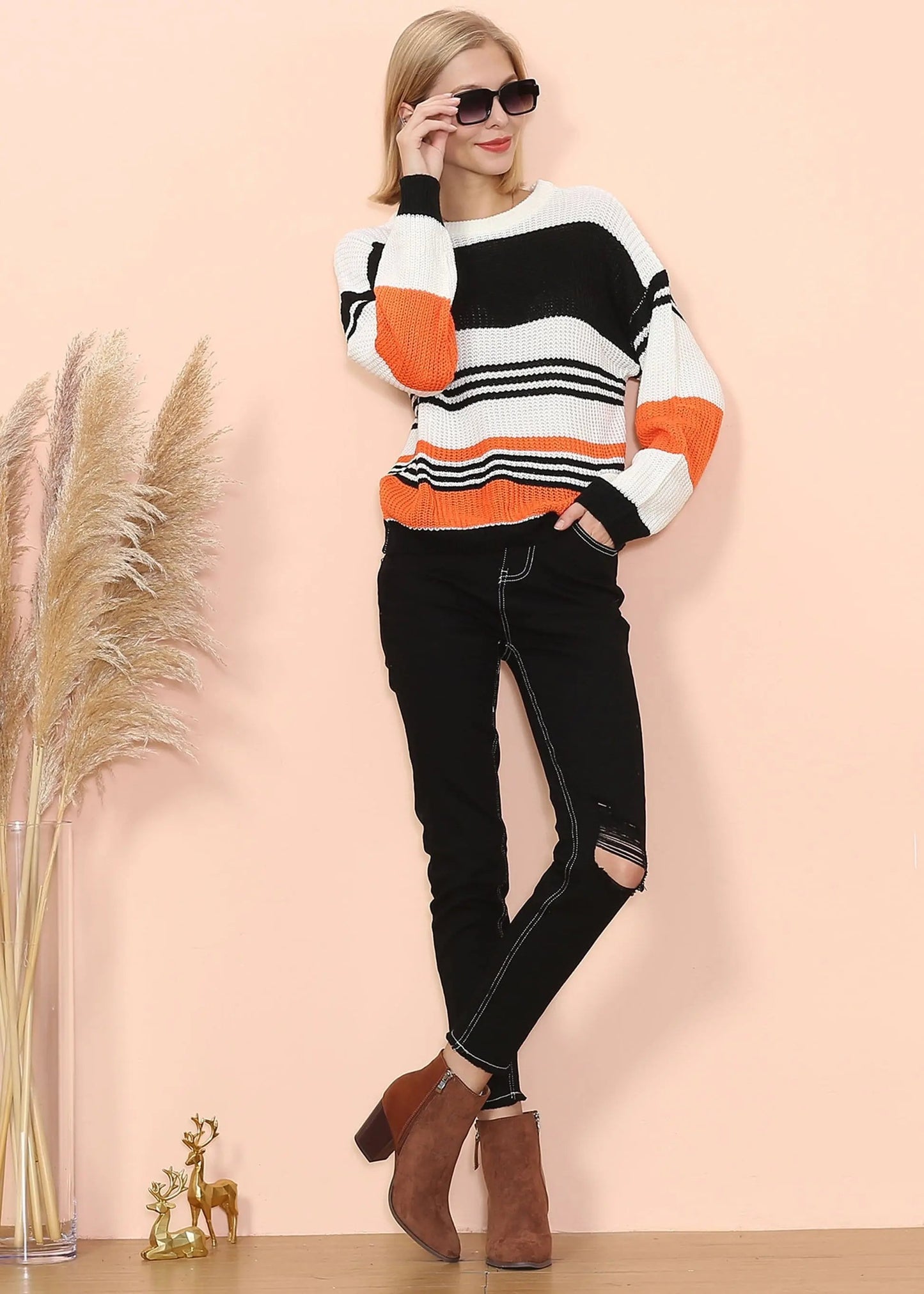 Drop Shoulder Striped Knit Sweater Anna-Kaci Wholesale