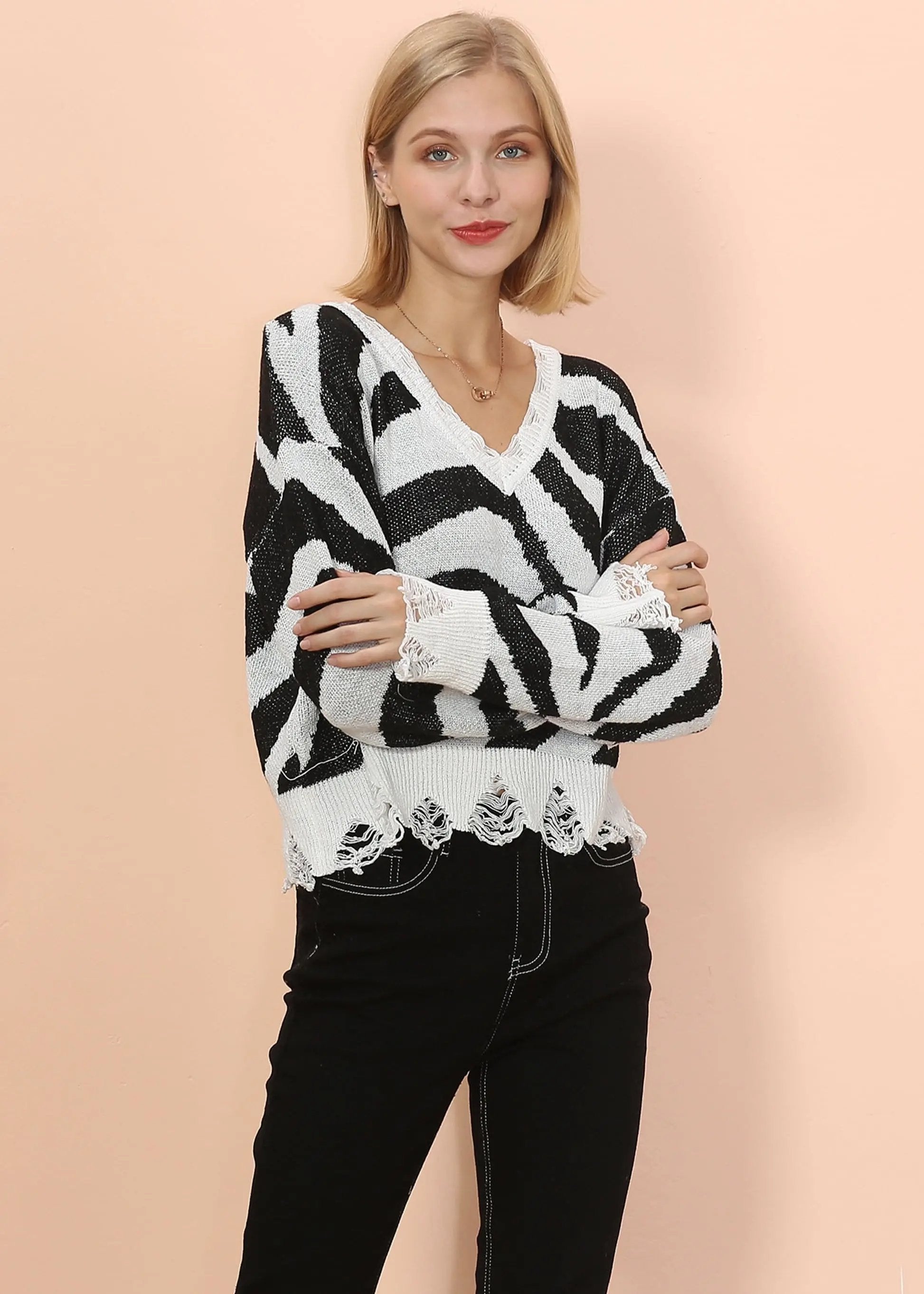 Zebra Print Frayed Hem Sweater Anna-Kaci Wholesale