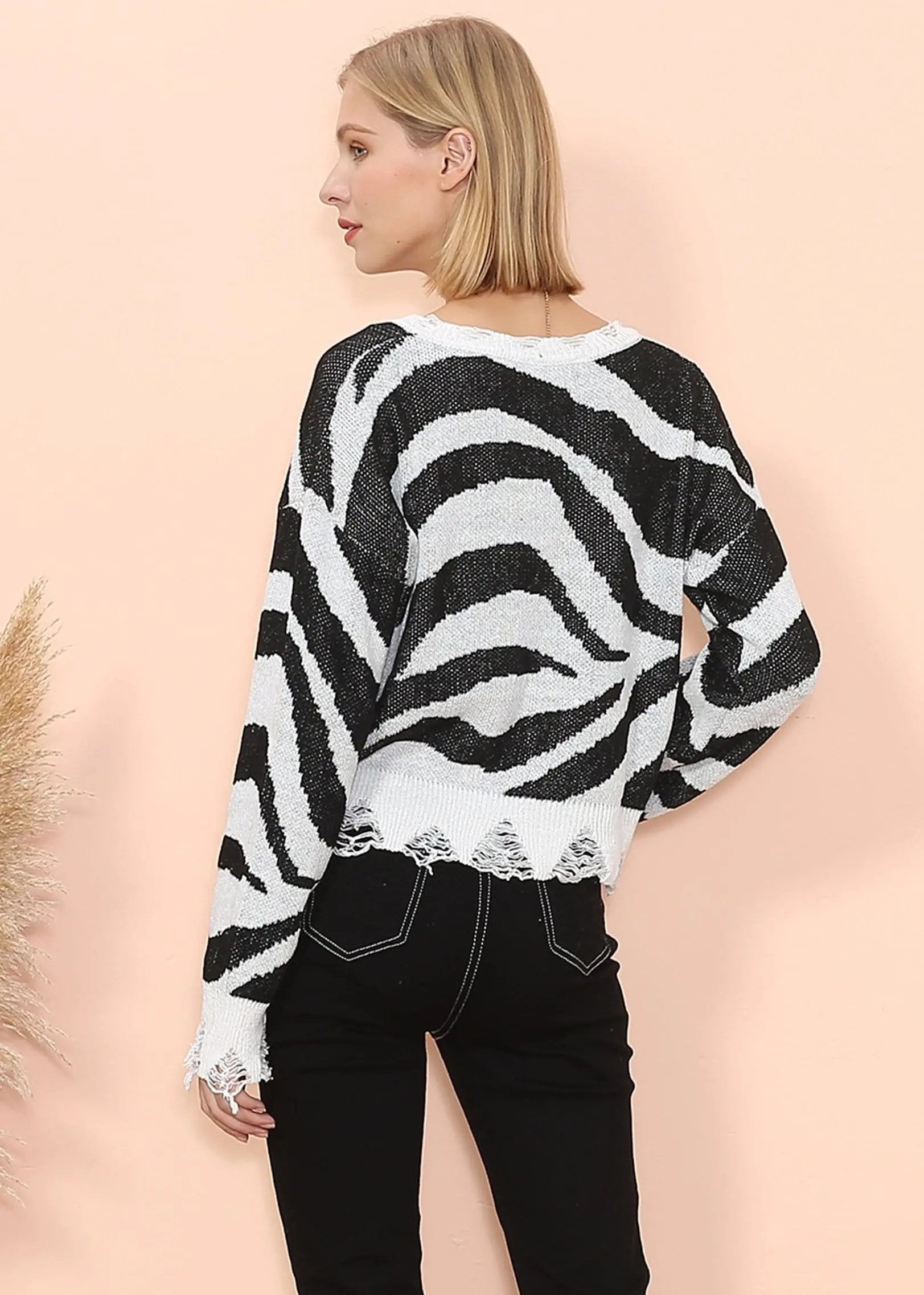 Zebra Print Frayed Hem Sweater Anna-Kaci Wholesale
