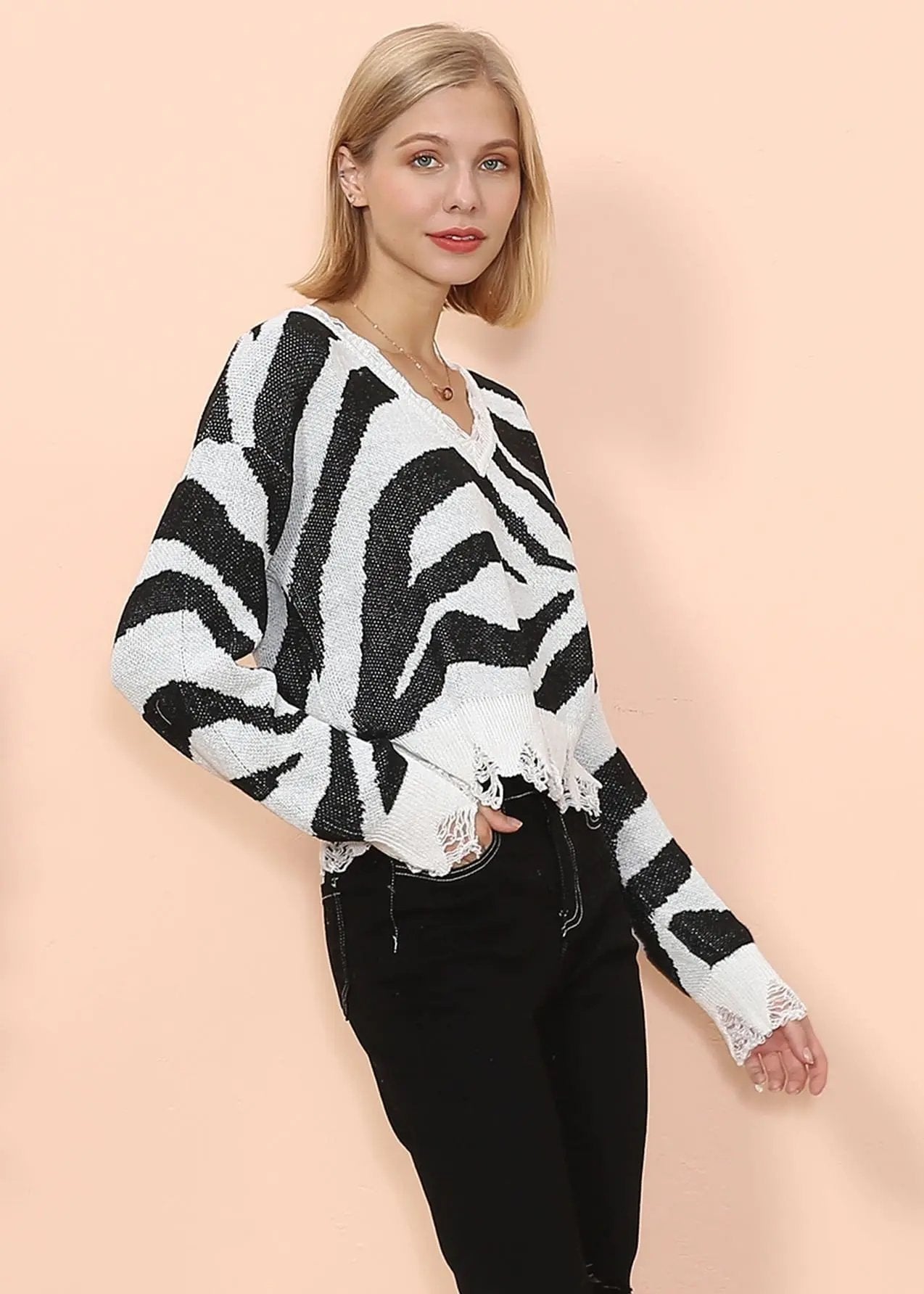 Zebra Print Frayed Hem Sweater Anna-Kaci Wholesale