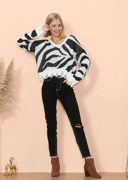 Zebra Print Frayed Hem Sweater Anna-Kaci Wholesale