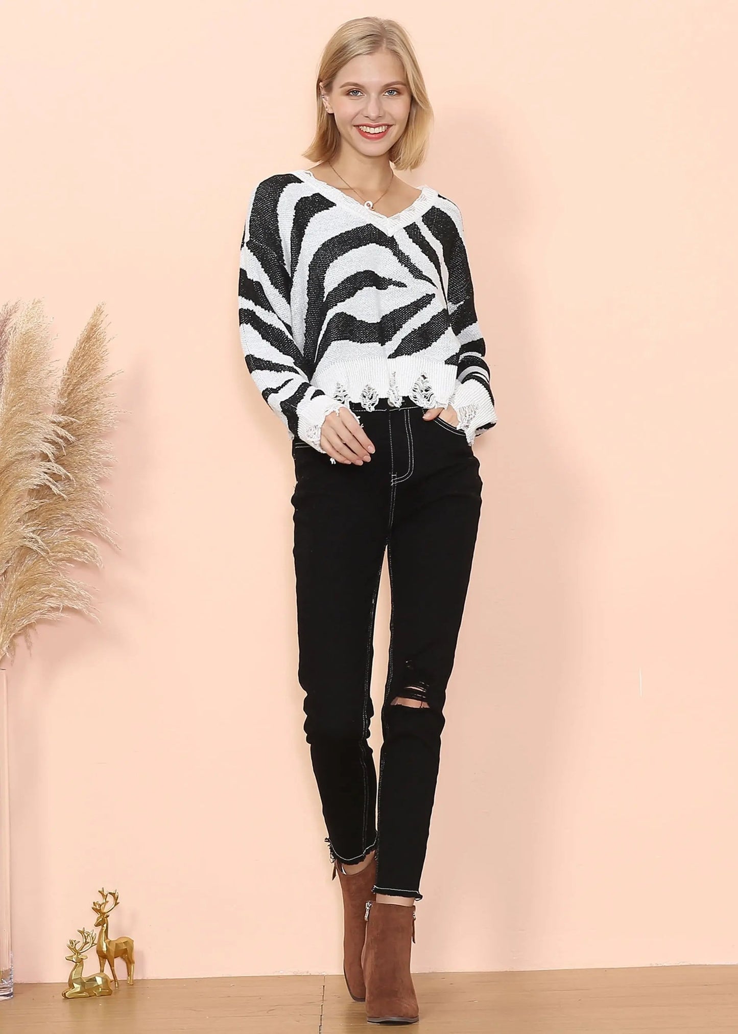 Zebra Print Frayed Hem Sweater Anna-Kaci Wholesale