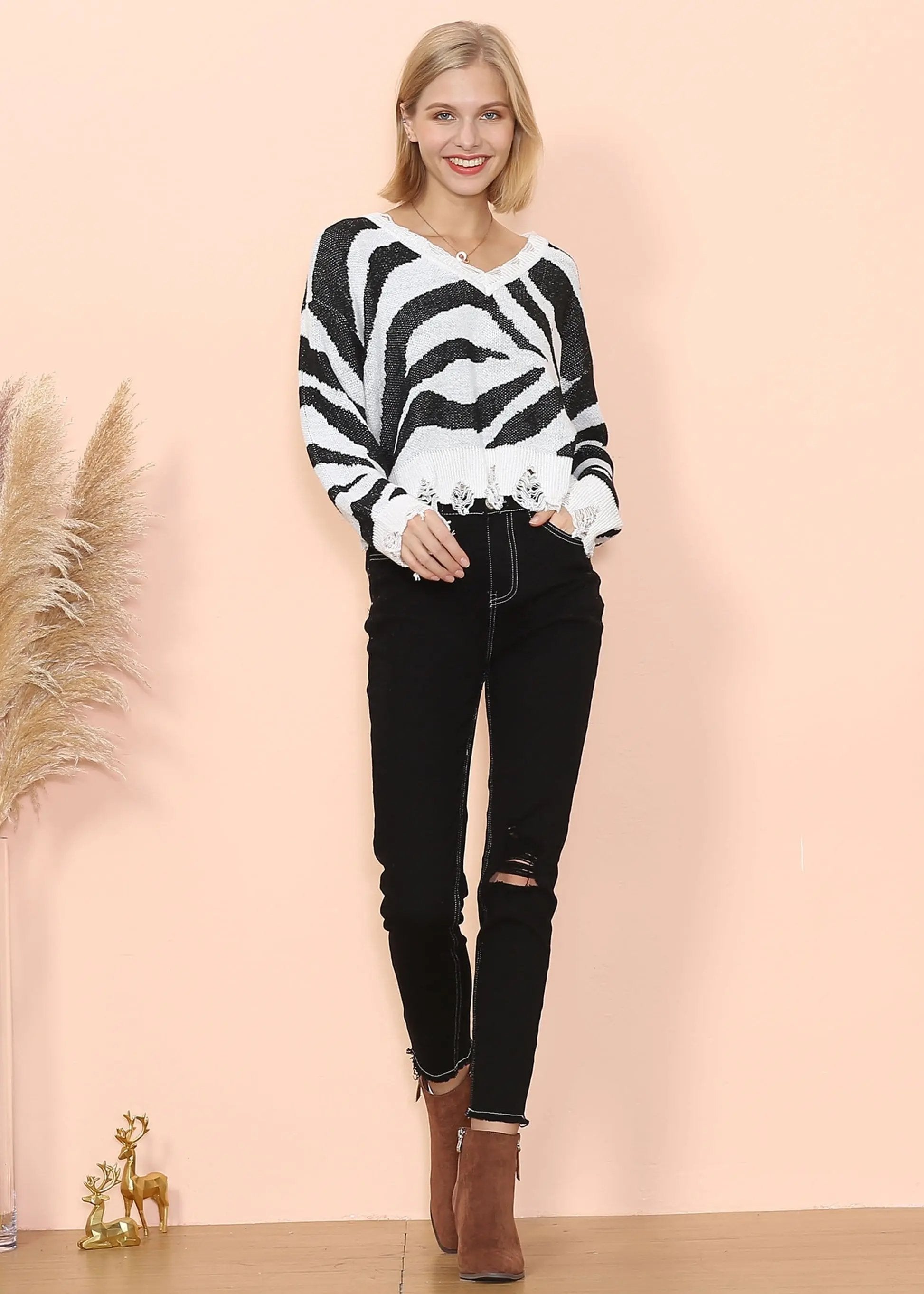 Zebra Print Frayed Hem Sweater Anna-Kaci Wholesale