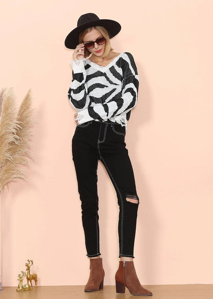 Zebra Print Frayed Hem Sweater Anna-Kaci Wholesale