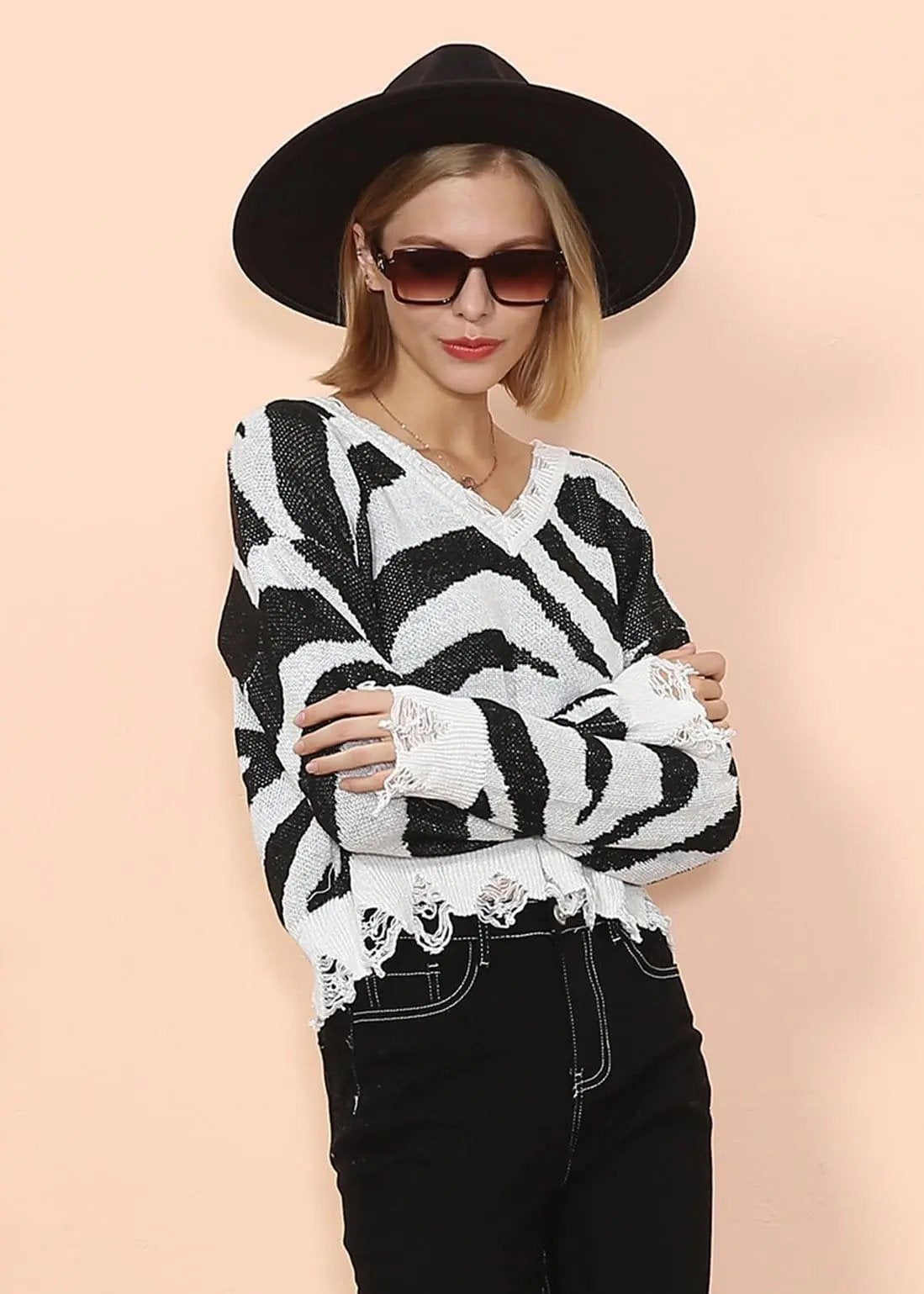 Zebra Print Frayed Hem Sweater Anna-Kaci Wholesale
