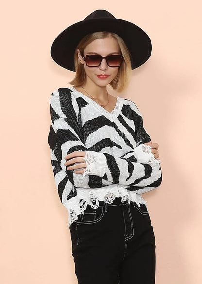 Zebra Print Frayed Hem Sweater Anna-Kaci Wholesale
