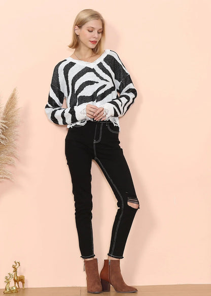 Zebra Print Frayed Hem Sweater Anna-Kaci Wholesale