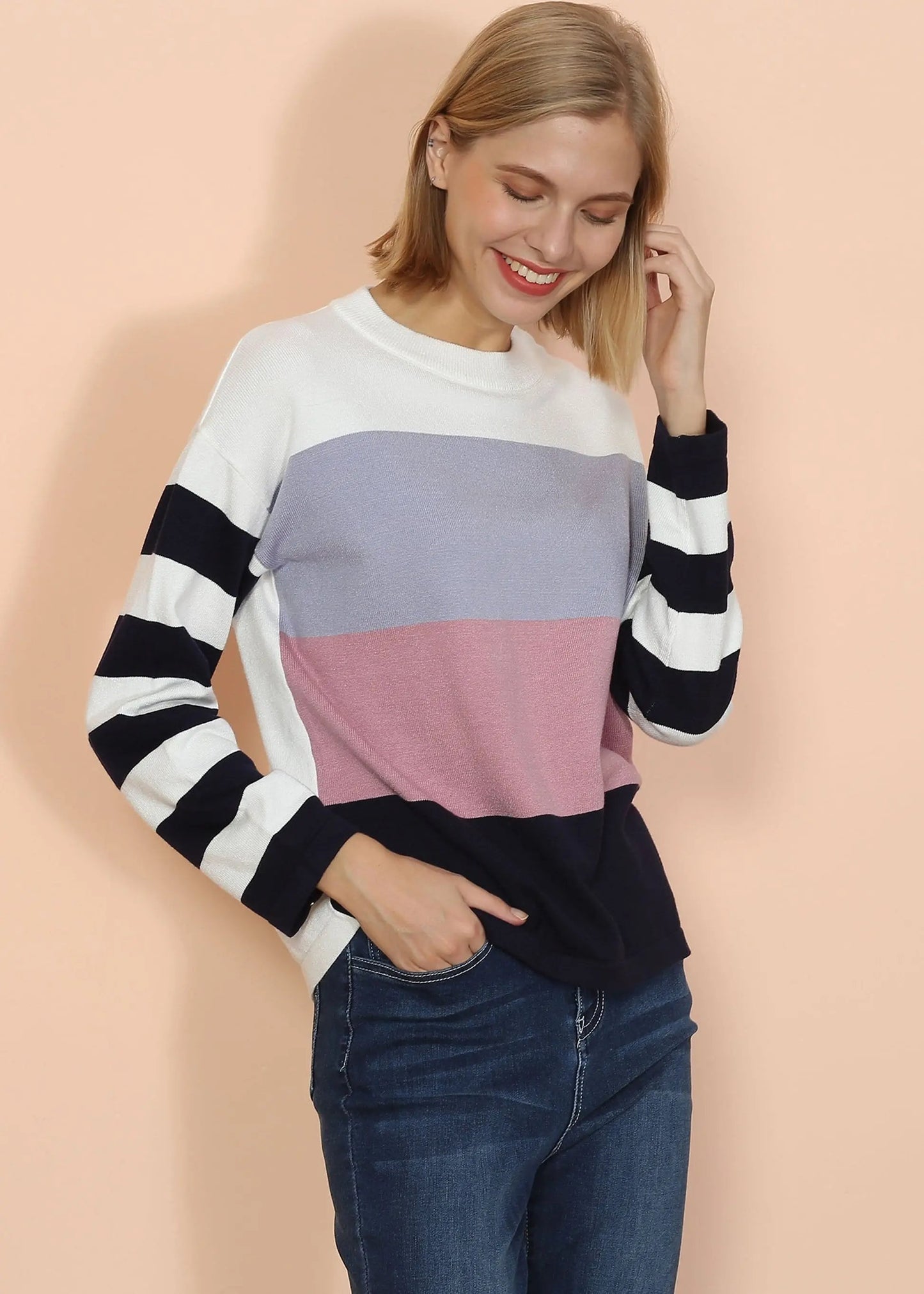 Mixed Striped Long Sleeve Sweater Anna-Kaci Wholesale