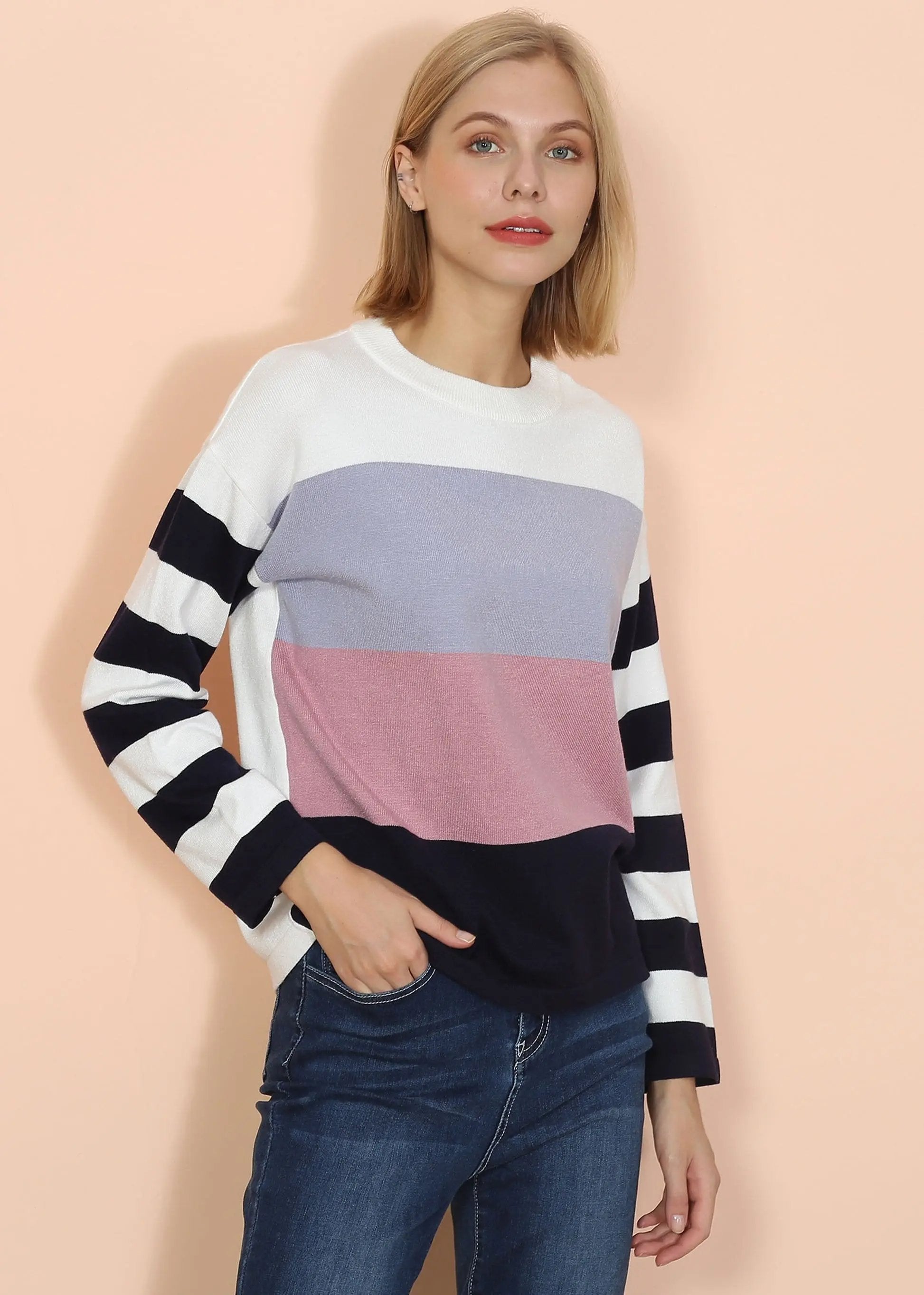 Mixed Striped Long Sleeve Sweater Anna-Kaci Wholesale