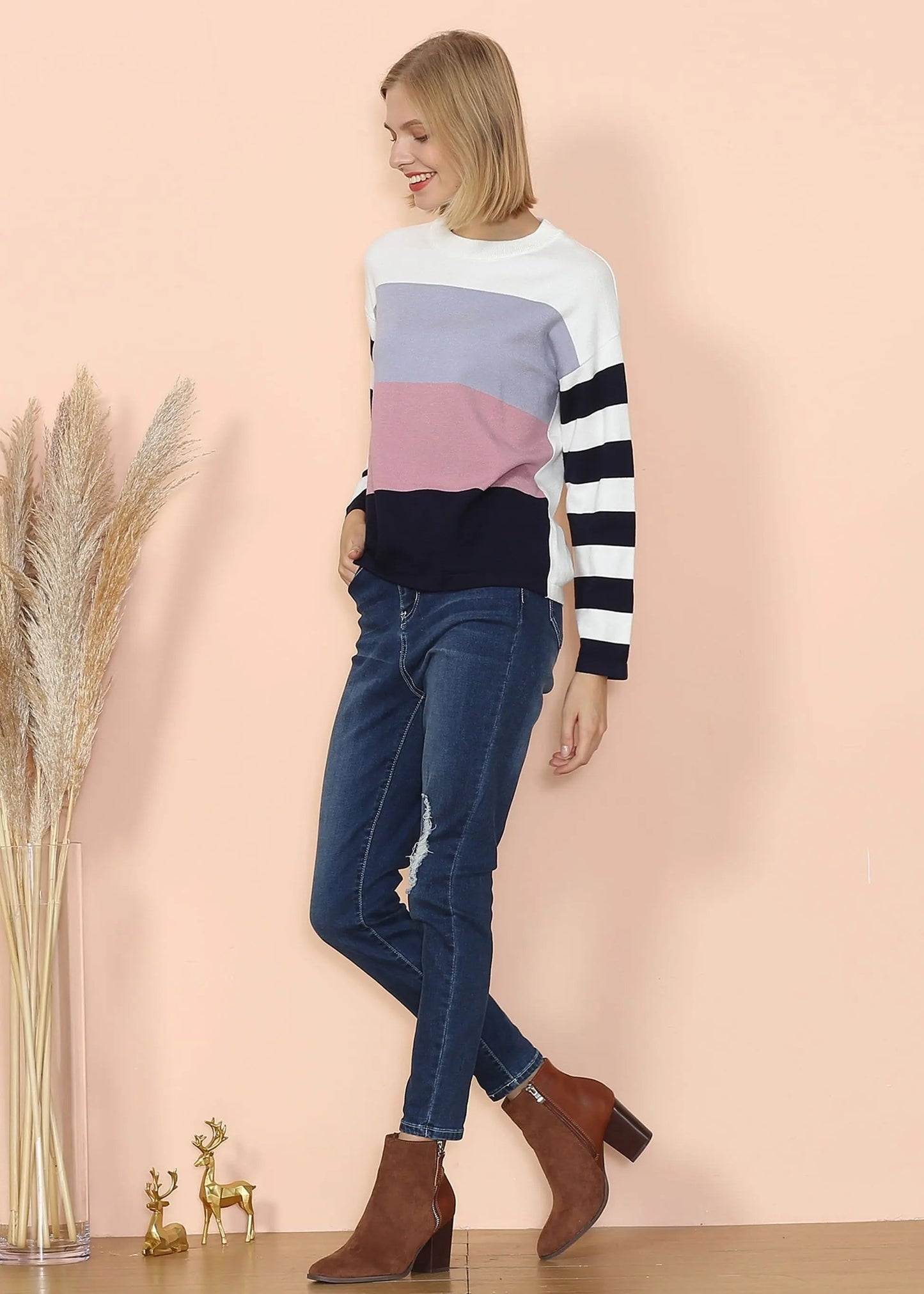 Mixed Striped Long Sleeve Sweater Anna-Kaci Wholesale