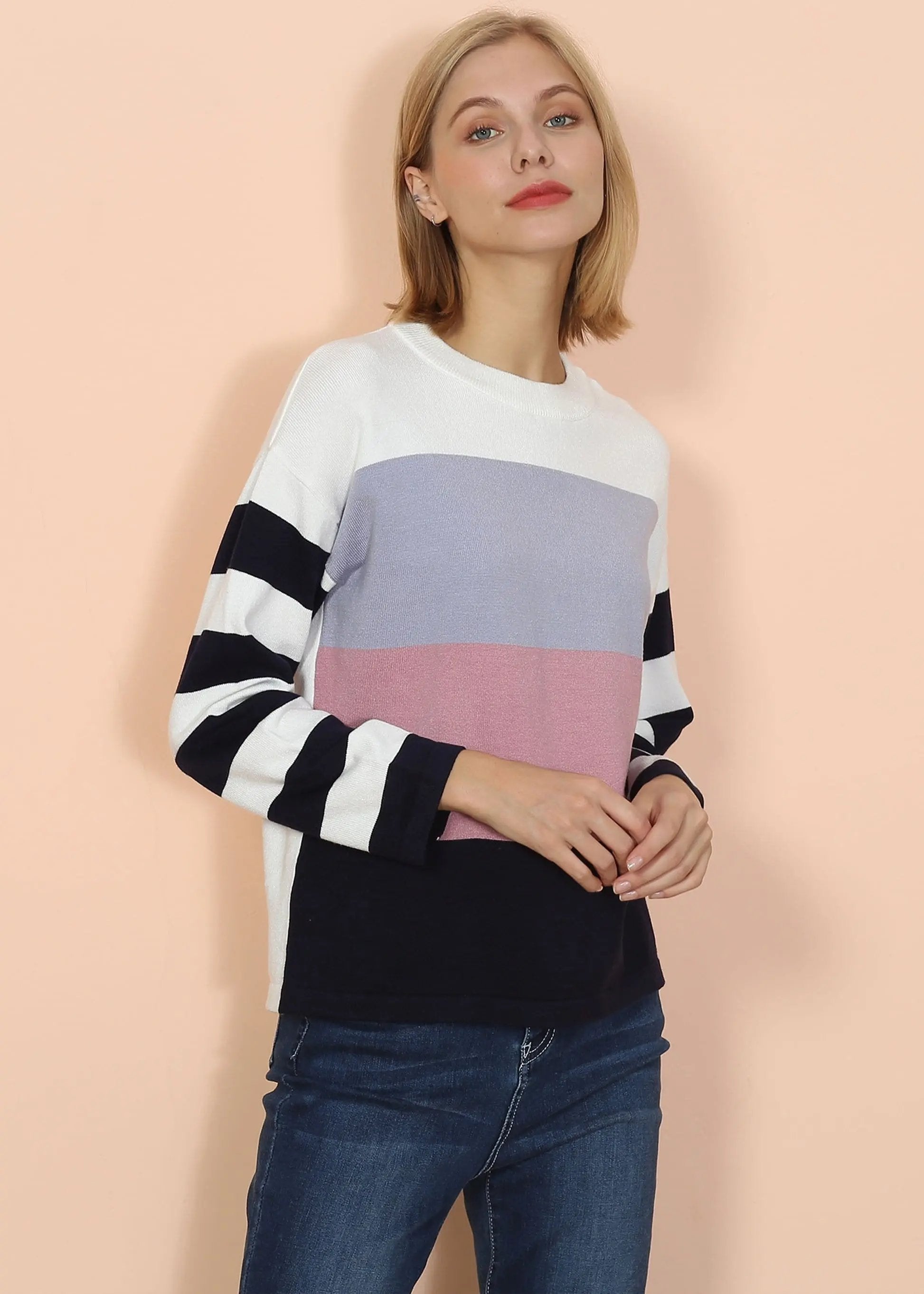 Mixed Striped Long Sleeve Sweater Anna-Kaci Wholesale