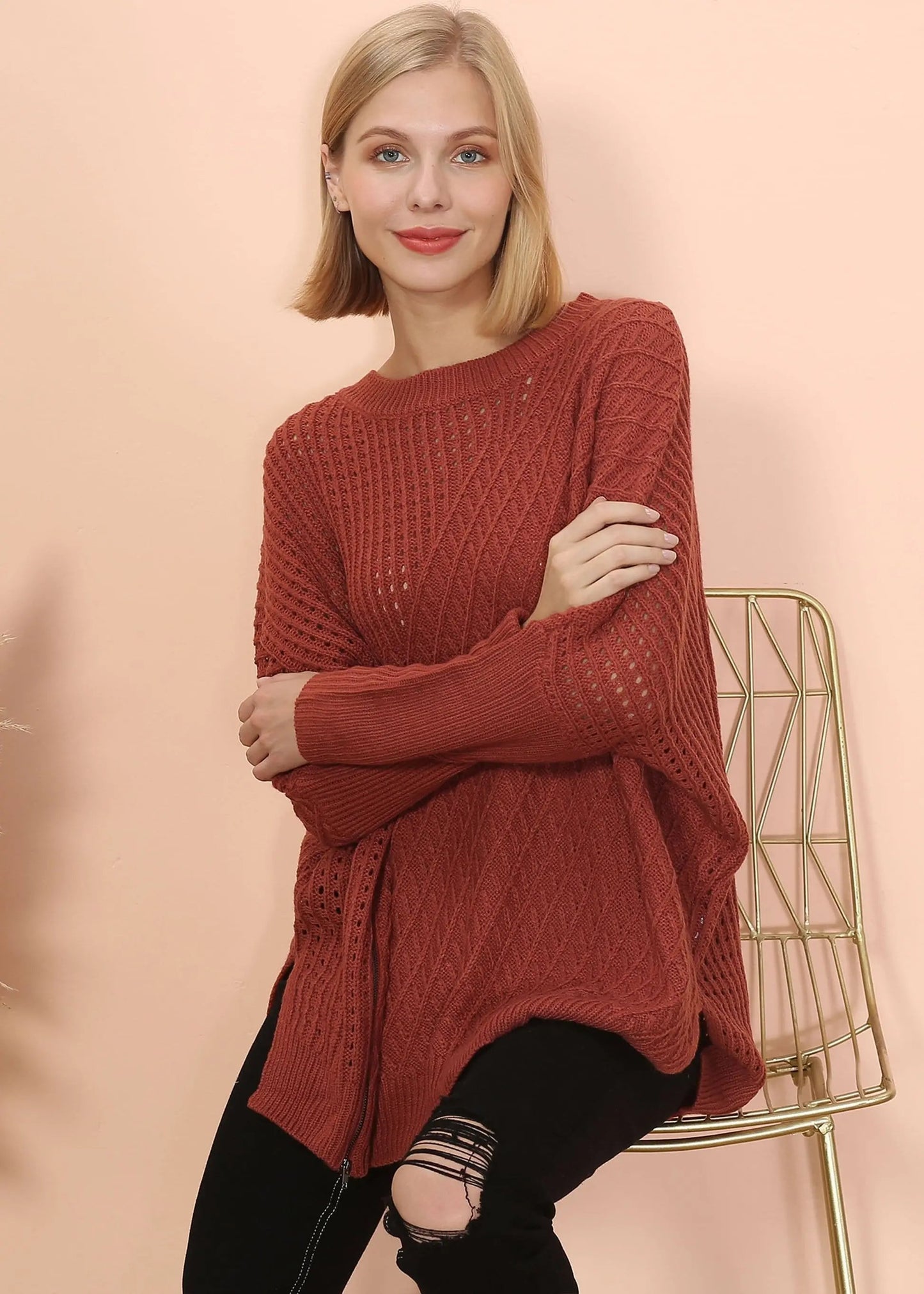 Mixed Knit Zipper Slit Sweater Anna-Kaci Wholesale