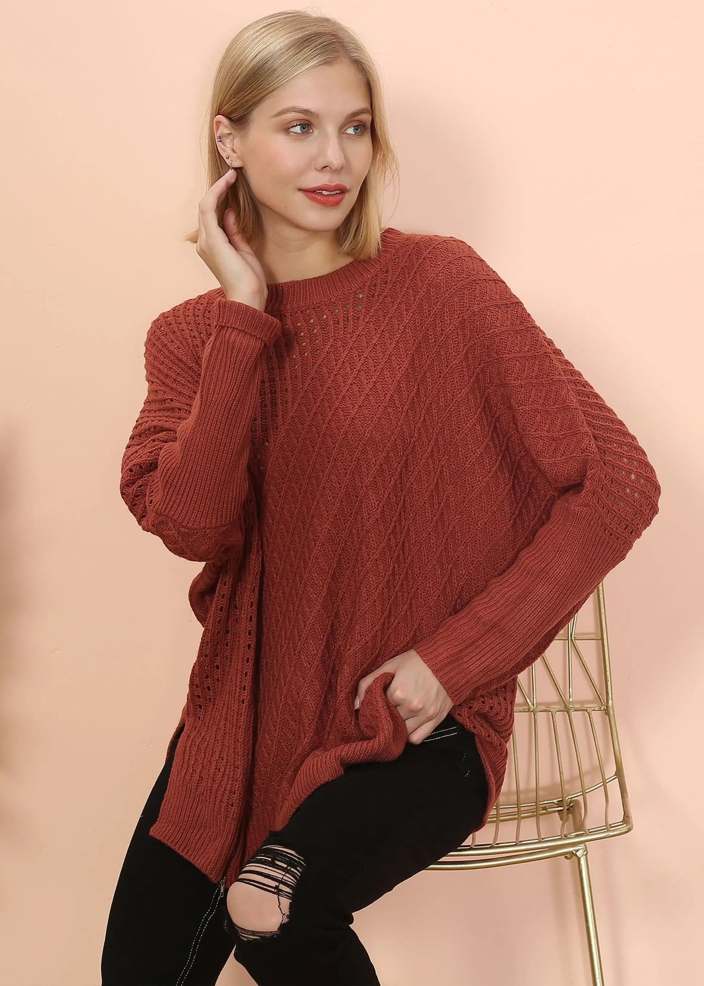 Mixed Knit Zipper Slit Sweater Anna-Kaci Wholesale