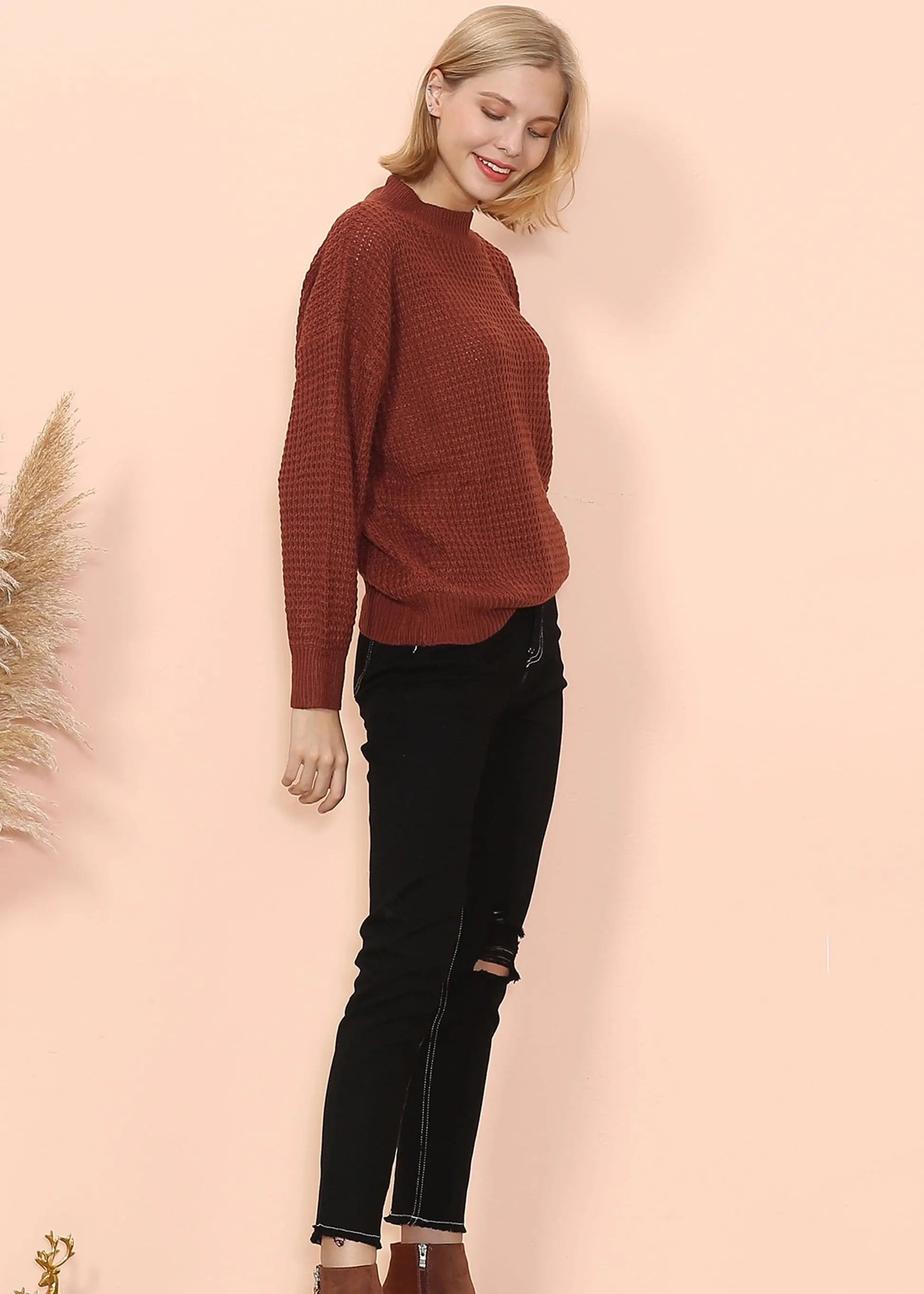 Mock Neck Waffle Knit Sweater Anna-Kaci Wholesale