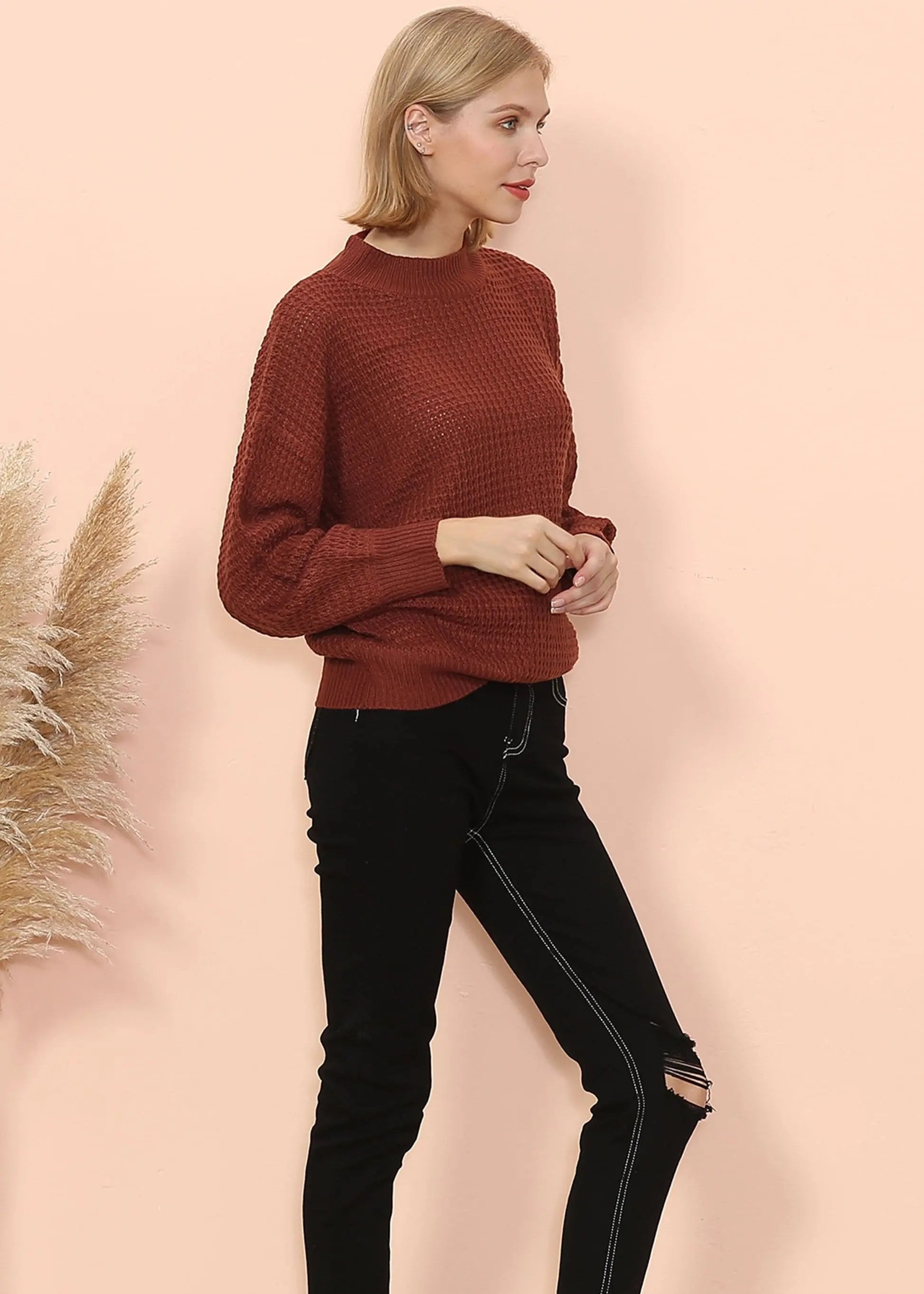 Mock Neck Waffle Knit Sweater Anna-Kaci Wholesale