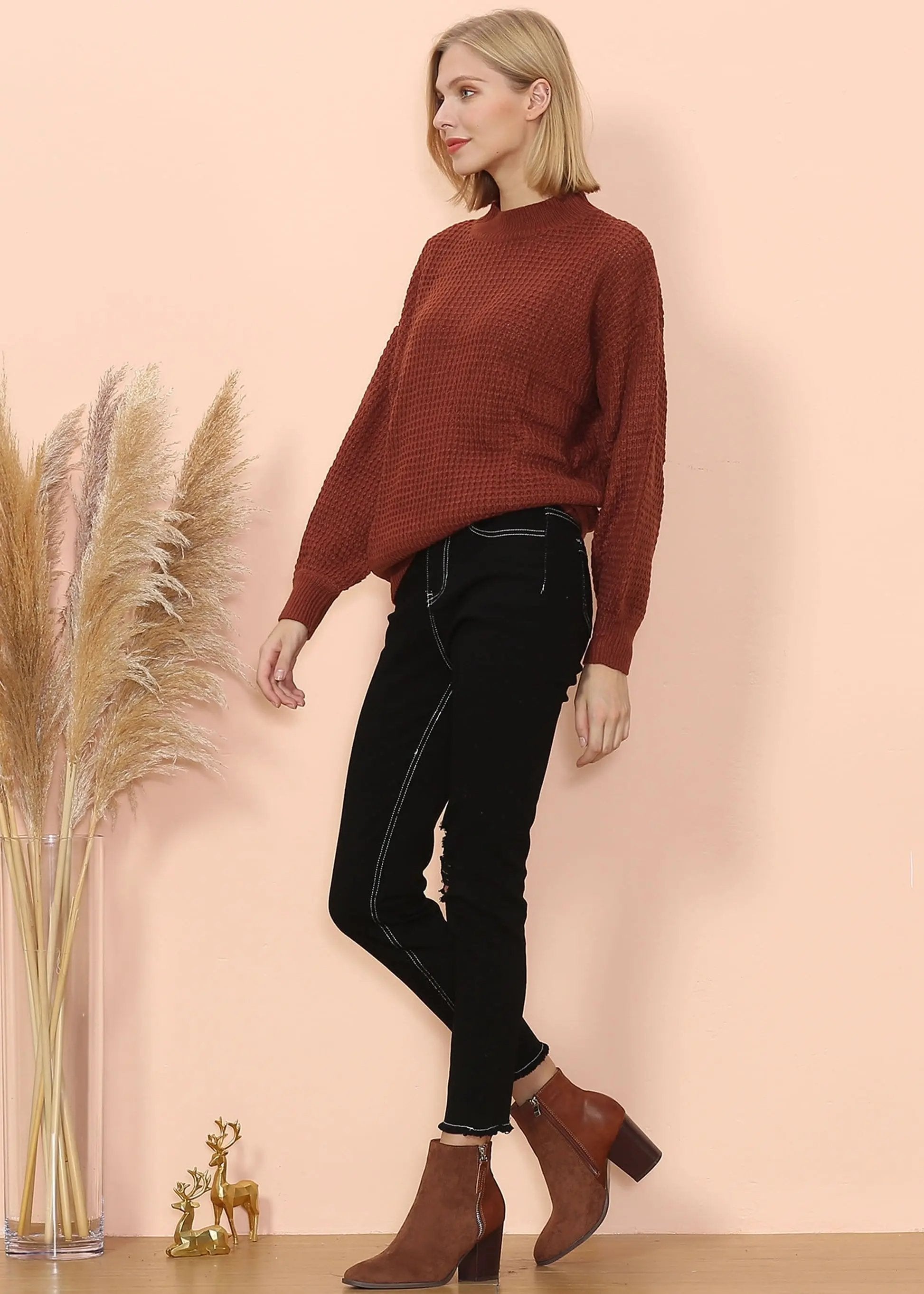 Mock Neck Waffle Knit Sweater Anna-Kaci Wholesale