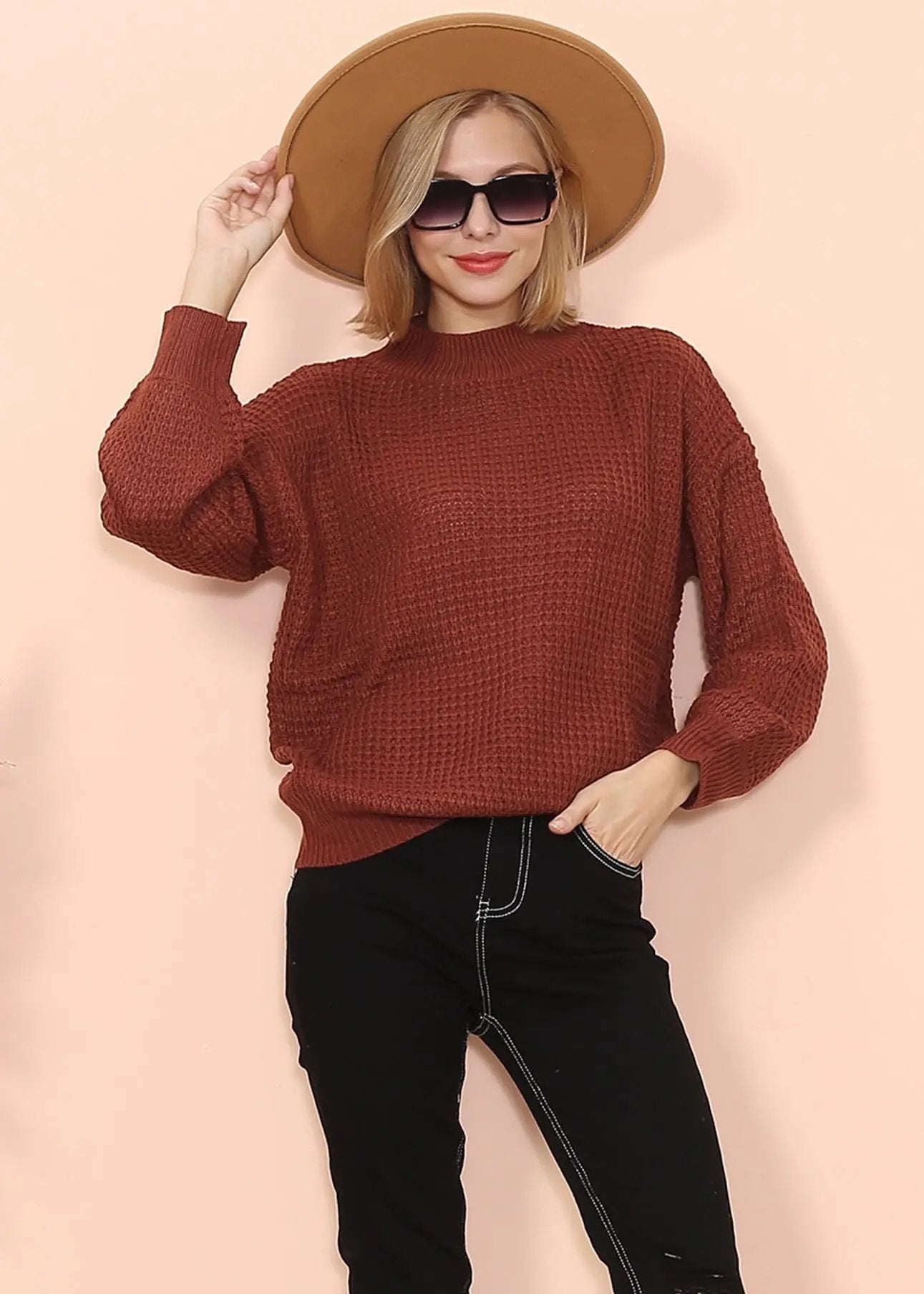 Mock Neck Waffle Knit Sweater Anna-Kaci Wholesale